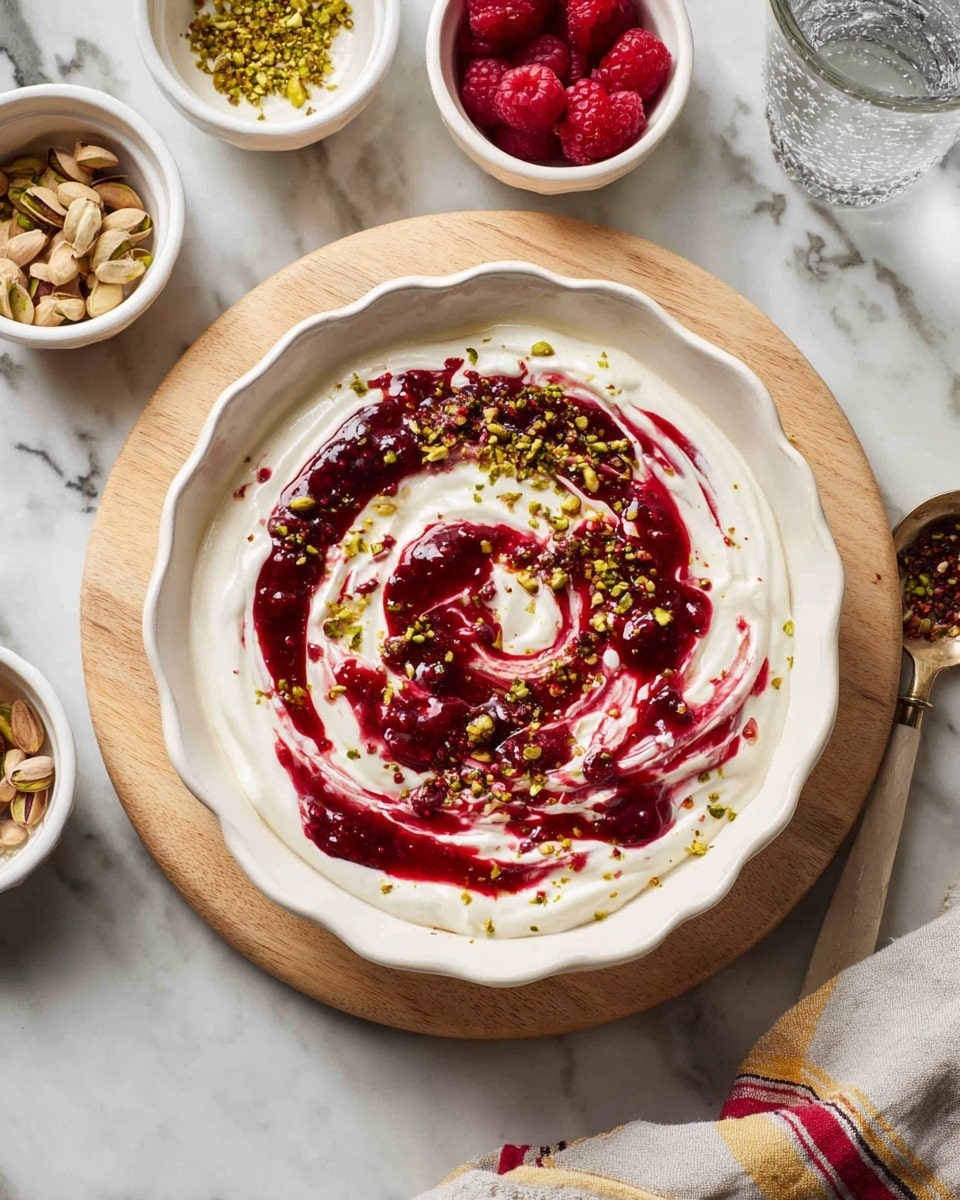 A white scalloped bowl holds a creamy white yogurt base spread evenly, with a deep red berry sauce swirled in a spiral pattern over it, creating a marbled effect. The top is sprinkled with crushed green pistachios and small reddish-brown flakes, adding texture and color contrast. Around the bowl, there are small white dishes with chopped nuts and sauce, fresh red berries, and a clear glass of water, all placed on a white marbled surface with a light wooden board beneath the main bowl. A woman's hand is not visible but implied in the scene. photo taken with an iphone --ar 4:5 --v 7