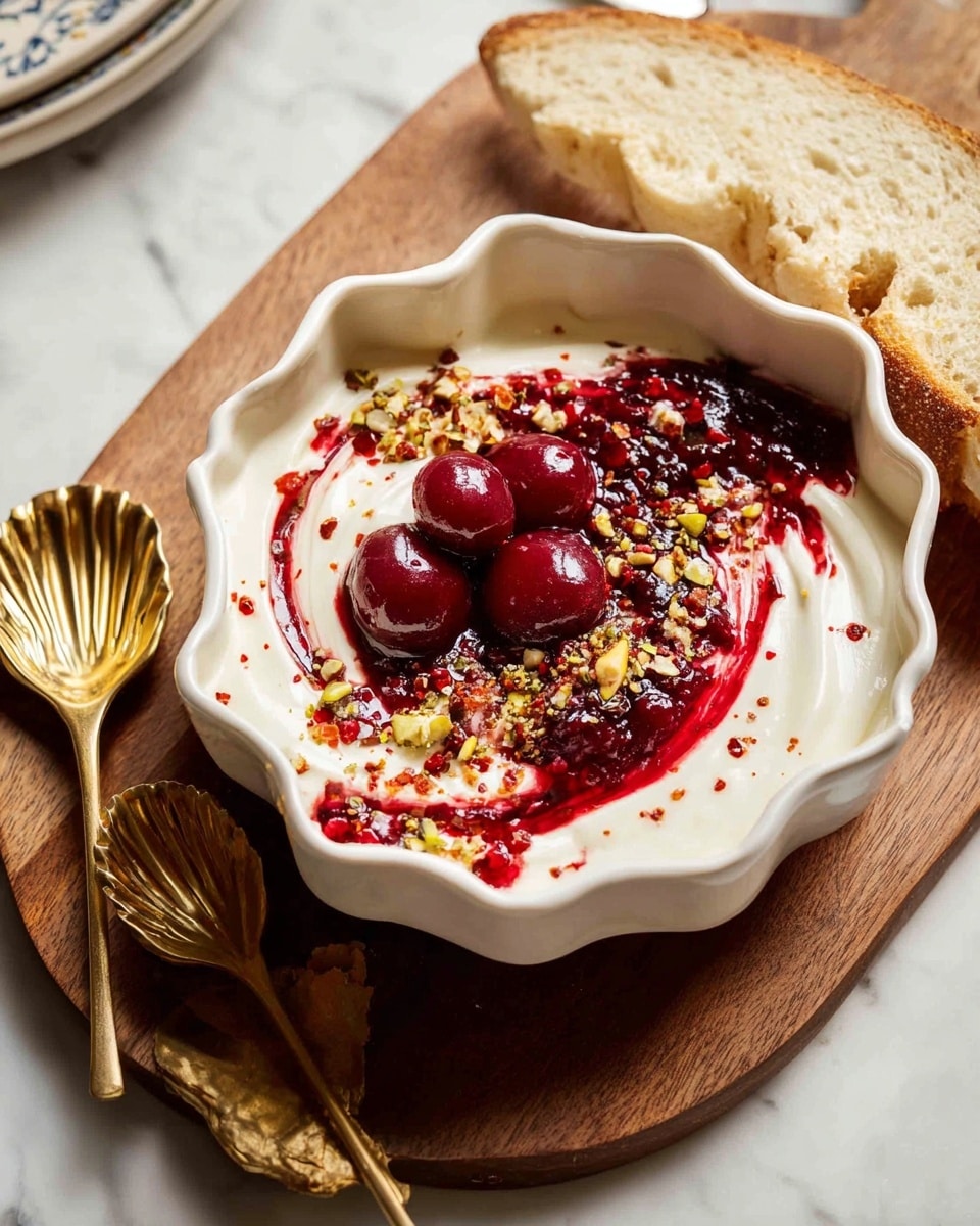 A white scalloped bowl holds a creamy white base layer, swirled smoothly, topped with a deep red fruit sauce spread in an uneven swirl over the cream. On top of this, three whole red berries sit along with scattered crushed nuts and red chili flakes, adding texture and color contrast. Two gold shell-shaped spoons rest on the left side inside the bowl, and a piece of crusty light brown bread leans on the right edge. The bowl is placed on a wooden board, which is on a white marbled surface. Photo taken with an iphone --ar 4:5 --v 7