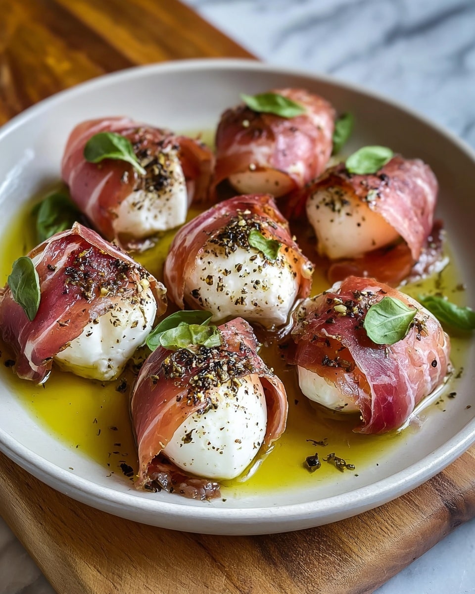 The image shows seven small balls of white cheese, each wrapped in thin slices of pink prosciutto with visible marbling of fat. The cheese balls and prosciutto wraps are sprinkled with black pepper and dried herbs, giving a speckled texture on top. Small green leaves are placed on some of the cheese balls as garnish. The pieces sit in a shallow pool of golden olive oil in a white plate. The plate is set on a wooden board, with a white marbled texture visible in the background. photo taken with an iphone --ar 4:5 --v 7