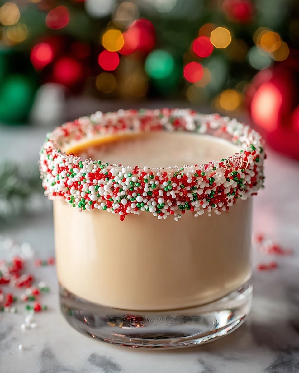 A short clear glass filled with light beige creamy drink, topped with a thick rim covered in small round sprinkles in red, white, and green colors, creating a festive look. The glass sits on a white marbled surface, with a soft-focused background featuring holiday colors and lights. photo taken with an iphone --ar 4:5 --v 7