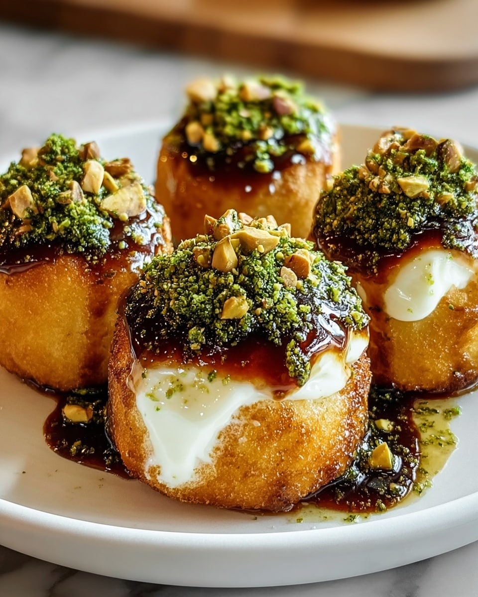 The image shows four bite-sized rounds, each with three visible layers: a thick, golden-brown crispy base, a soft and creamy white middle filling, and a top layer covered in a glossy dark sauce with chopped green pistachios and herbs sprinkled generously. The sauce drips slightly down the sides of the base, pooling around it. The dish sits on a white plate over a white marbled surface, with a soft blurred background. photo taken with an iphone --ar 4:5 --v 7