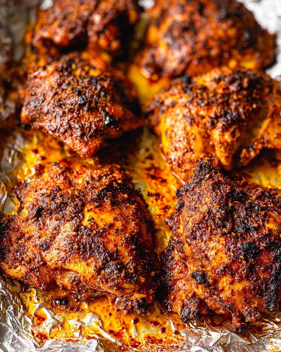 The image shows several pieces of grilled chicken thighs placed close together on a sheet of crinkled aluminum foil. Each piece has a dark brown, crispy outer layer with visible blackened spices and char marks, giving a textured, slightly rough look. The chicken is coated with a glossy, oily layer that reflects light, with orange and yellow hues from the spices and cooking juices pooling around the meat. The foil beneath is shiny and wrinkled, stained with reddish greasy spots and charred bits from cooking. The overall scene is warm-toned and rich in color contrast. photo taken with an iphone --ar 4:5 --v 7