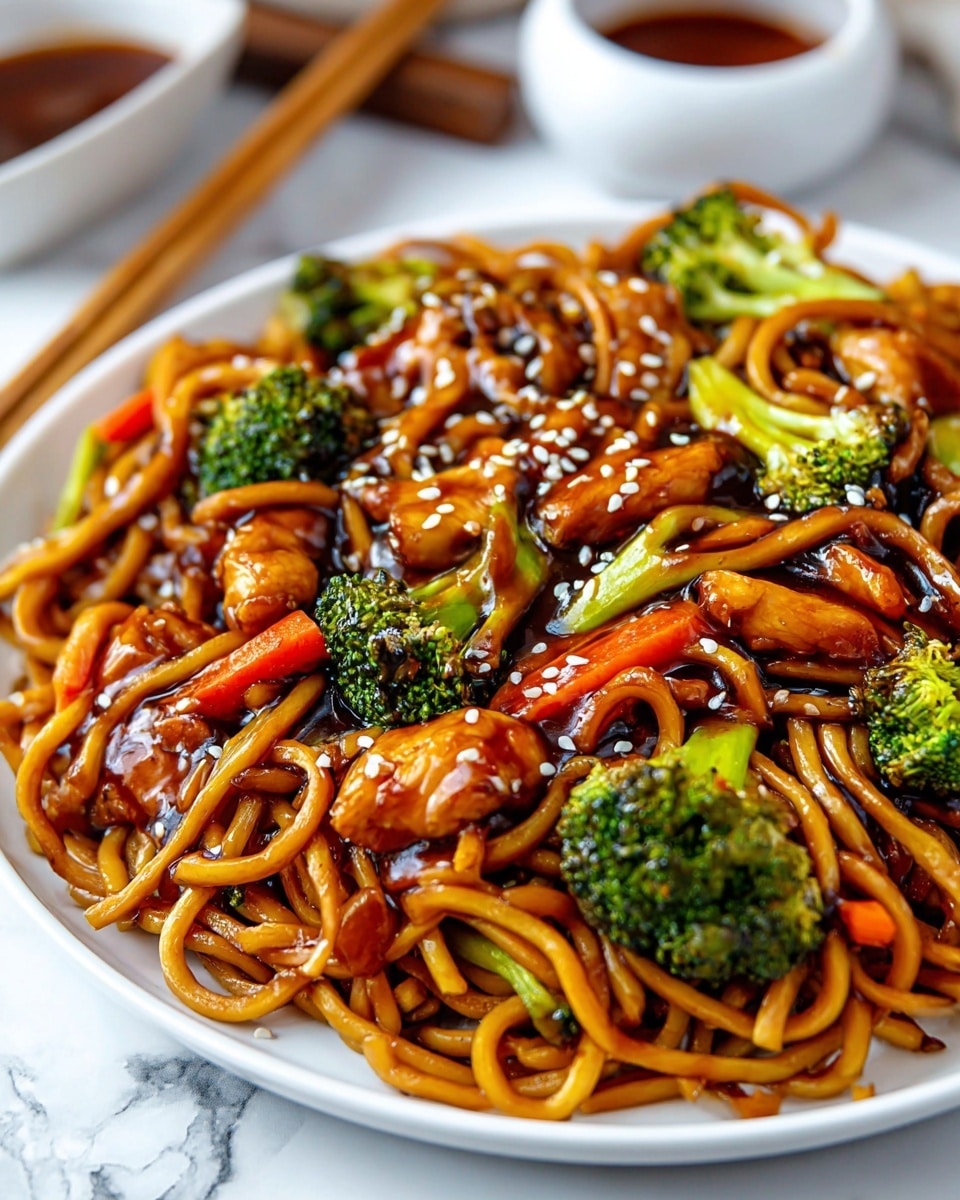 A close-up of a white plate filled with glossy stir-fried noodles in a dark brown sauce, mixed with bright green broccoli florets, thin orange carrot sticks, and shiny, well-cooked pieces of chicken coated in the same sauce. The dish is sprinkled with small white sesame seeds on top. In the background, there is a white bowl with a reddish-brown dipping sauce and wooden chopsticks resting nearby on a white marbled surface. photo taken with an iphone --ar 4:5 --v 7