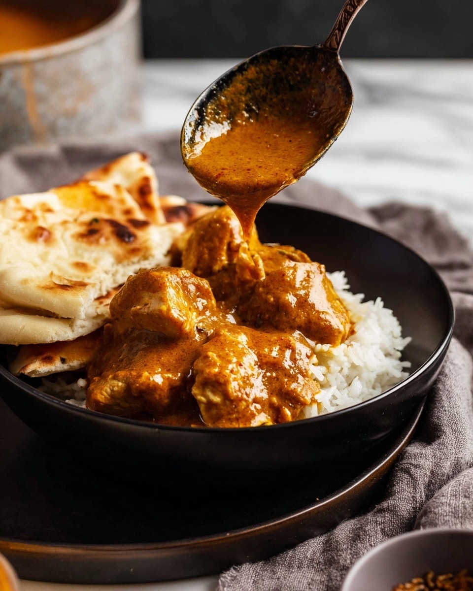 The image shows a close-up of a black bowl on a black plate with white rice at the bottom layer, topped with chunks of chicken covered in a thick orange-brown curry sauce being poured from a dark spoon. To the left inside the bowl, there are pieces of light golden flatbread resting on the rice and curry. The background is a soft grey cloth over a white marbled surface. Photo taken with an iphone --ar 4:5 --v 7