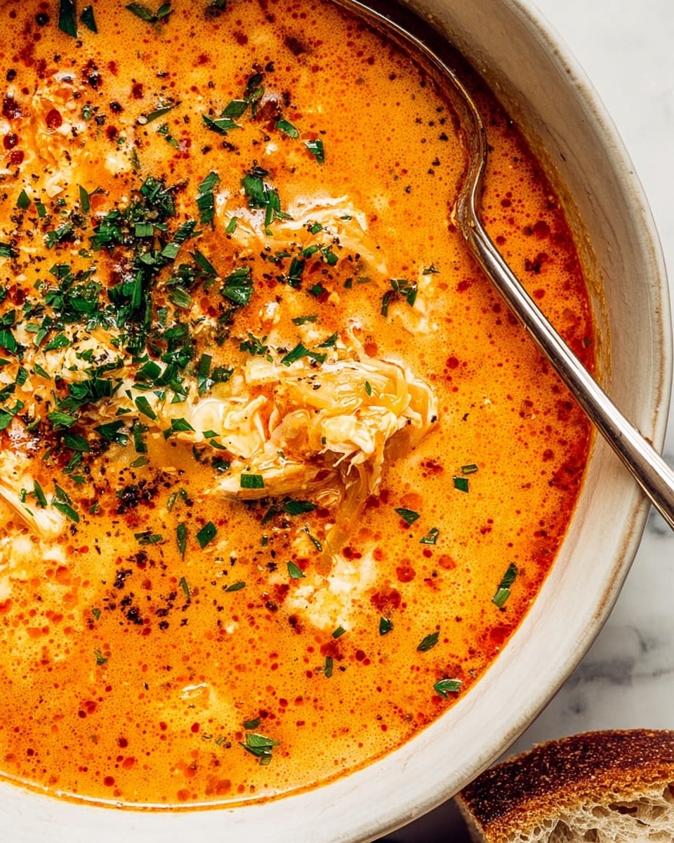 A white bowl is filled with a thick, rich orange soup with a creamy texture, showing visible flecks of black pepper and chopped green herbs scattered on top. The soup looks silky with some bubbles on the surface, giving a warm, hearty impression. One slice of toasted bread, golden brown with a crispy crust and airy holes, is resting on the edge of the bowl, while another piece of toasted bread is placed nearby on the white marbled surface. Photo taken with an iphone --ar 4:5 --v 7