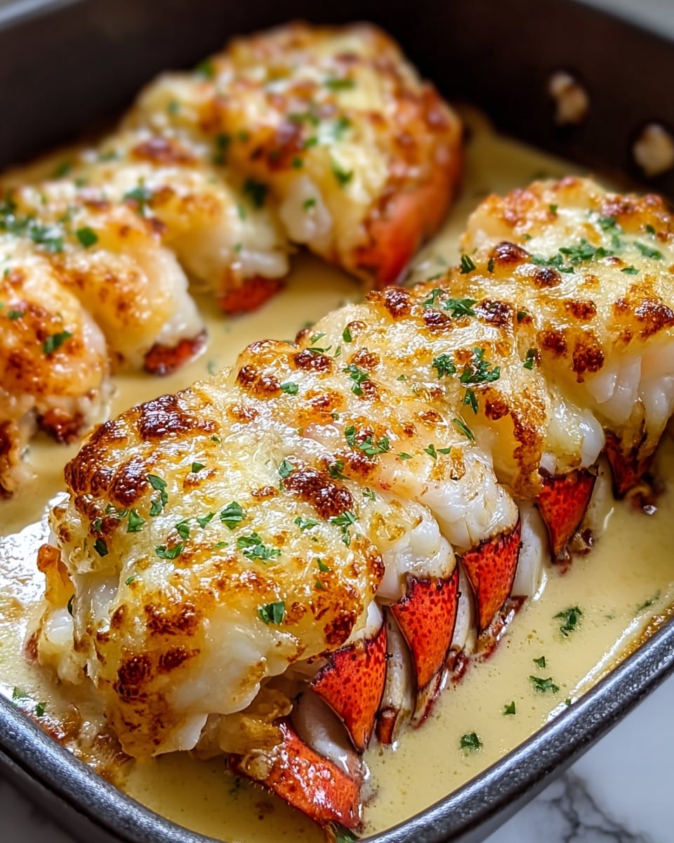 The image shows two lobster tails placed side by side in a white tray, each cut into several segments, revealing white, tender lobster meat inside. The lobster shells are bright orange-red, with a slightly charred look on the shell edges, covered generously with a creamy, yellowish sauce that drips down the sides and pools at the bottom. Finely chopped green herbs are sprinkled over the sauce, adding a touch of color. In the background, lemon wedges are placed for garnish, enhancing the fresh and rich look of the dish. The tray sits on a white marbled surface, emphasizing the vibrant colors and creamy textures of the lobster tails. photo taken with an iphone --ar 4:5 --v 7
