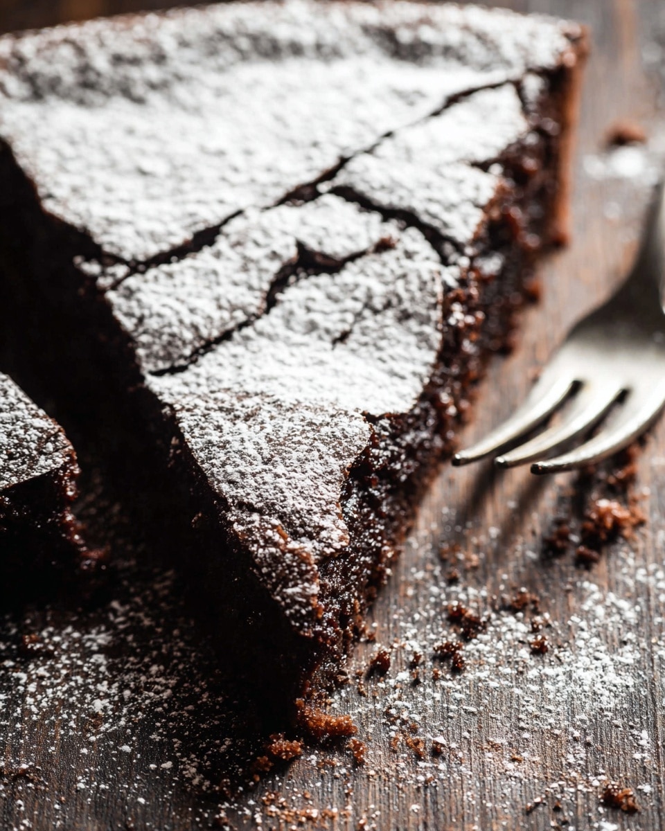 A close-up of a triangular slice of chocolate cake dusted heavily with a layer of white powdered sugar on top, showing a cracked surface texture revealing a rich, dark brown inner layer with a moist and dense look. The slice rests on a rustic, dark wood surface with visible crumbs around it, accompanied by a silver fork nearby. The contrast between the white powdered sugar and the dark chocolate cake creates a striking visual. photo taken with an iphone --ar 4:5 --v 7