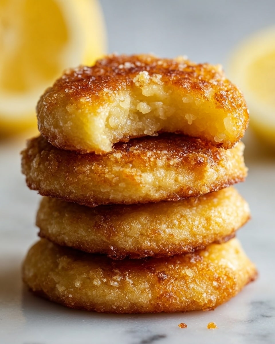 A stack of four round, golden-brown lemon curd filled cookies is shown close up on a white marbled surface. The cookies have a slightly crispy texture on the outside with granulated sugar sparkling on the top layer. The top cookie has a bite taken out of it, revealing a smooth, glossy, bright yellow lemon curd filling inside. The layers show two outer dough parts with a thick lemon curd center between them. Part of a sliced lemon is visible in the bottom right corner. photo taken with an iphone --ar 4:5 --v 7