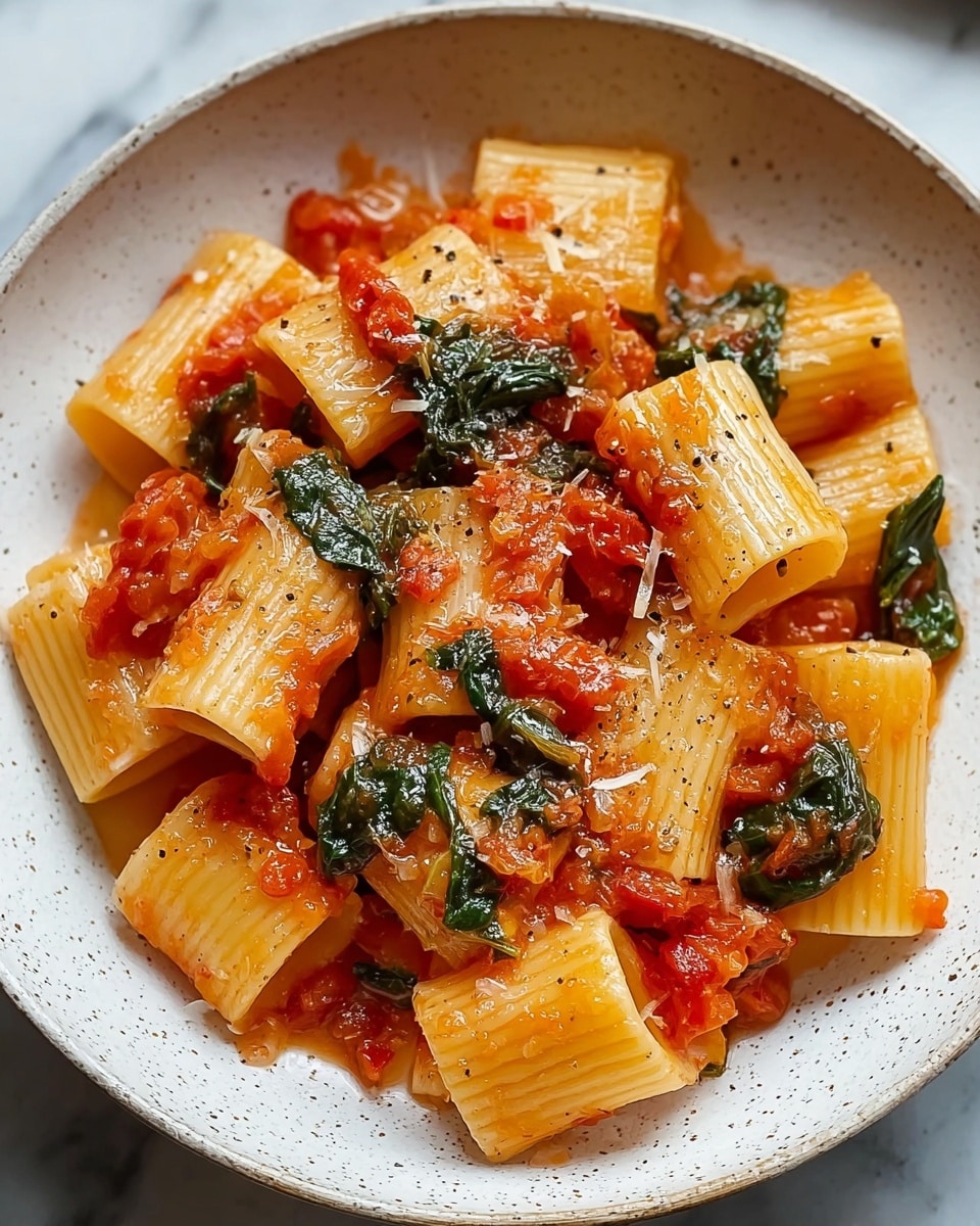 A white bowl filled with wide, flat pasta pieces that are light yellow and slightly glossy from sauce. Mixed throughout are chunky red tomato pieces and small green herb leaves that add a fresh contrast. The pasta and tomatoes are coated in a light orange-red sauce, speckled with black pepper and finely grated cheese. The texture looks soft and saucy with some creaminess from the cheese. The bowl sits on a white marbled surface with a gray cloth partially visible under the bowl photo taken with an iphone --ar 4:5 --v 7