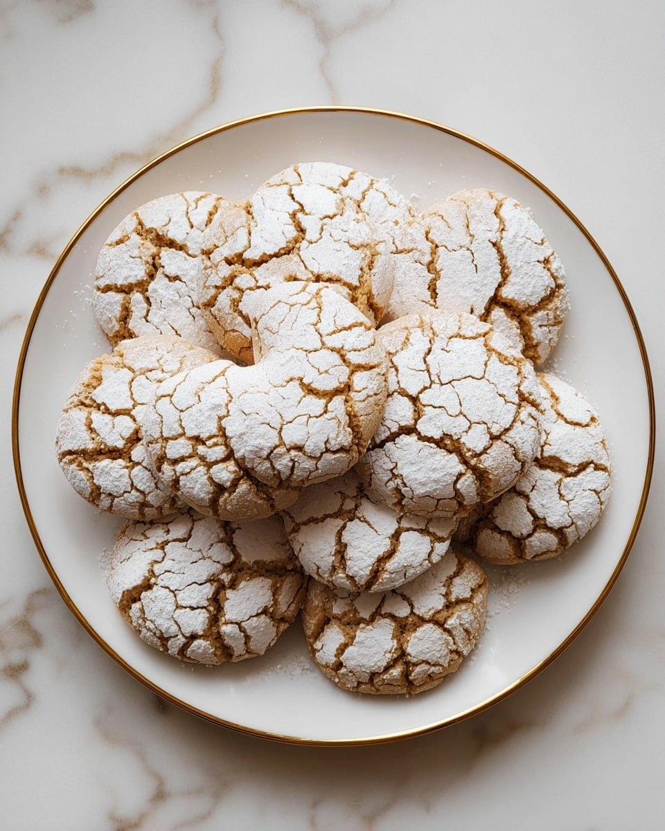 The image shows a white cup filled with dark black coffee with steam rising from it, placed on a white marbled surface. Below the cup, there is a white plate with a thin gold rim, holding a stack of round cookies covered in cracked white powdered sugar that reveals a light brown cookie base underneath. The cookies have uneven crack patterns, giving a textured look, and they are stacked closely together, overlapping slightly. photo taken with an iphone --ar 4:5 --v 7