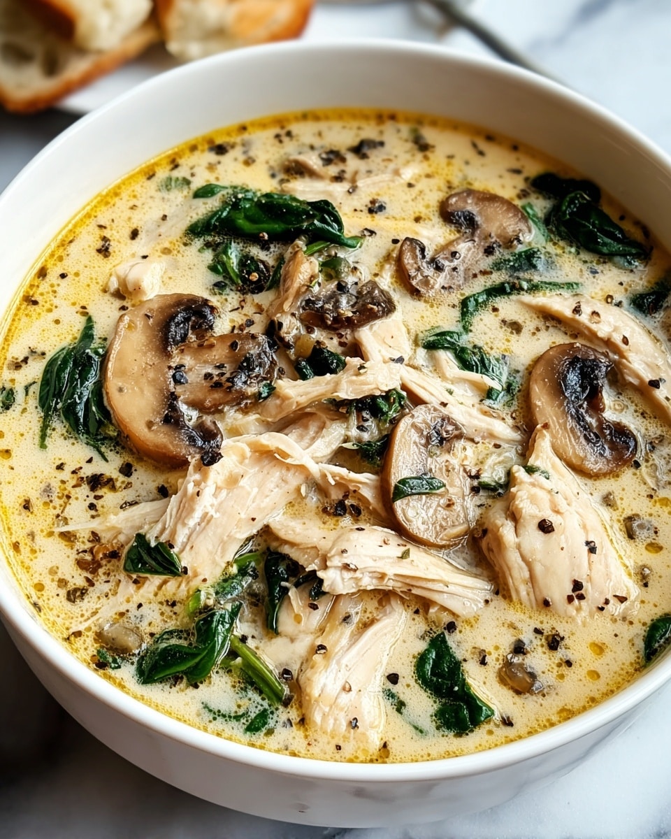 A white bowl filled with a creamy soup that has a light beige color with tiny bubbles and a slightly oily surface. Inside the soup, there are soft, shredded pieces of white chicken, dark brown sliced mushrooms with visible gills, and bright green leafy spinach scattered throughout. The texture of the soup looks smooth and rich, with small black pepper flakes sprinkled on top. The bowl sits on a white marbled surface. photo taken with an iphone --ar 4:5 --v 7