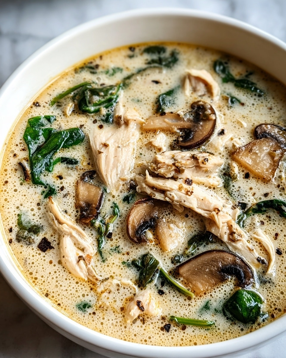 A close-up of a creamy soup in a white bowl, containing three main layers: light golden creamy broth as the base, topped with tender pieces of shredded chicken that are pale beige and slightly moist, scattered with dark green wilted spinach leaves and soft brown sliced mushrooms with smooth curved edges. The soup surface is sprinkled with coarse cracked black pepper adding specks of black. The bowl sits on a white marbled surface, with a blurred piece of bread in the background. photo taken with an iphone --ar 4:5 --v 7