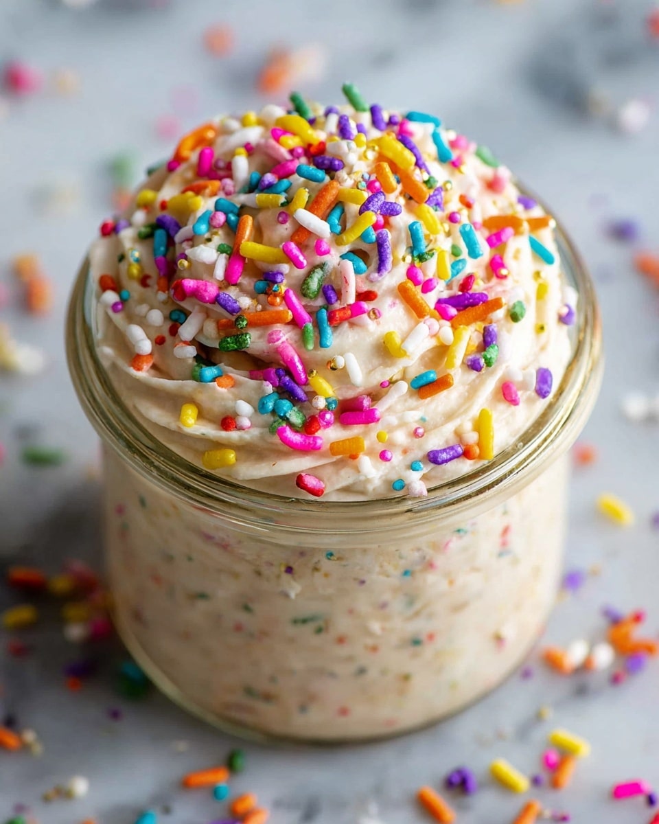 A close-up of a small round jar filled with creamy, light beige mixture containing colorful sprinkles inside. The top layer is thick and swirled, topped densely with bright, multi-colored cylindrical sprinkles in pink, yellow, green, blue, orange, purple, and white. The jar sits on a white marbled surface with some scattered sprinkles around it. Photo taken with an iphone --ar 4:5 --v 7