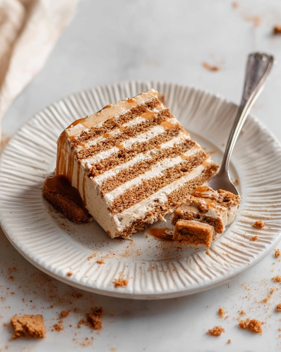 A slice of layered cake sits on a white plate with ridged edges placed on a white marbled surface. The cake has about six thin layers alternating between light brown, crumbly biscuit layers and creamy beige frosting layers. A spread of caramel sauce glistens on top, and a chunk of cookie rests at the side. A silver spoon with some cake on it leans against the slice, breaking through one corner. Crumbs scatter around the plate adding texture to the scene. Photo taken with an iphone --ar 4:5 --v 7