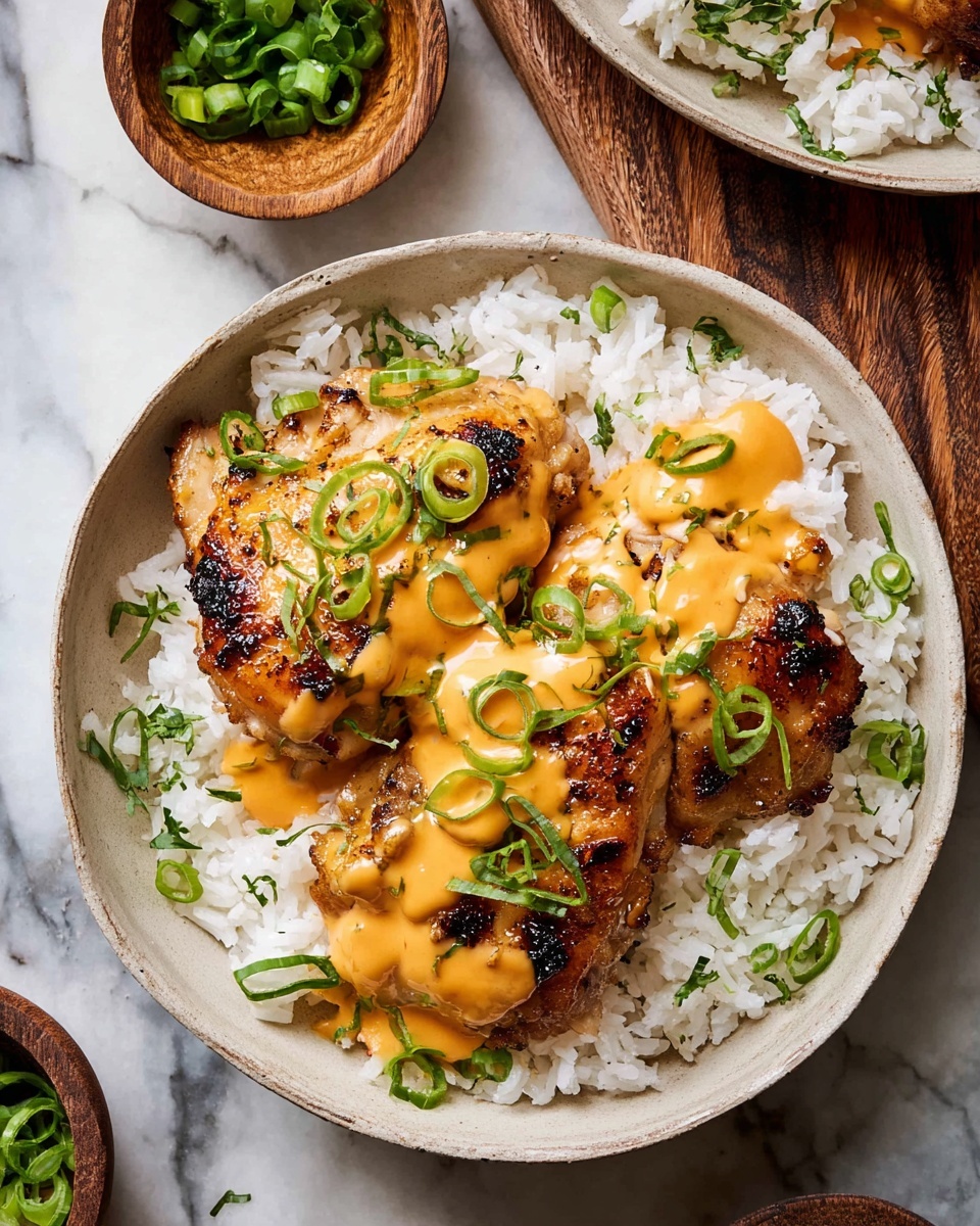 A round white plate holds a bed of fluffy white rice as the base layer, topped with two pieces of golden-brown grilled chicken thighs that have a slightly charred texture. On the chicken, there is a layer of smooth, creamy orange sauce drizzled unevenly, which adds a vibrant color contrast. Small slices of bright green scallions are scattered across the chicken and rice, with some herbs sprinkled lightly, adding freshness and texture. The plate rests on a white marbled surface with a small wooden bowl of chopped scallions nearby. photo taken with an iphone --ar 4:5 --v 7