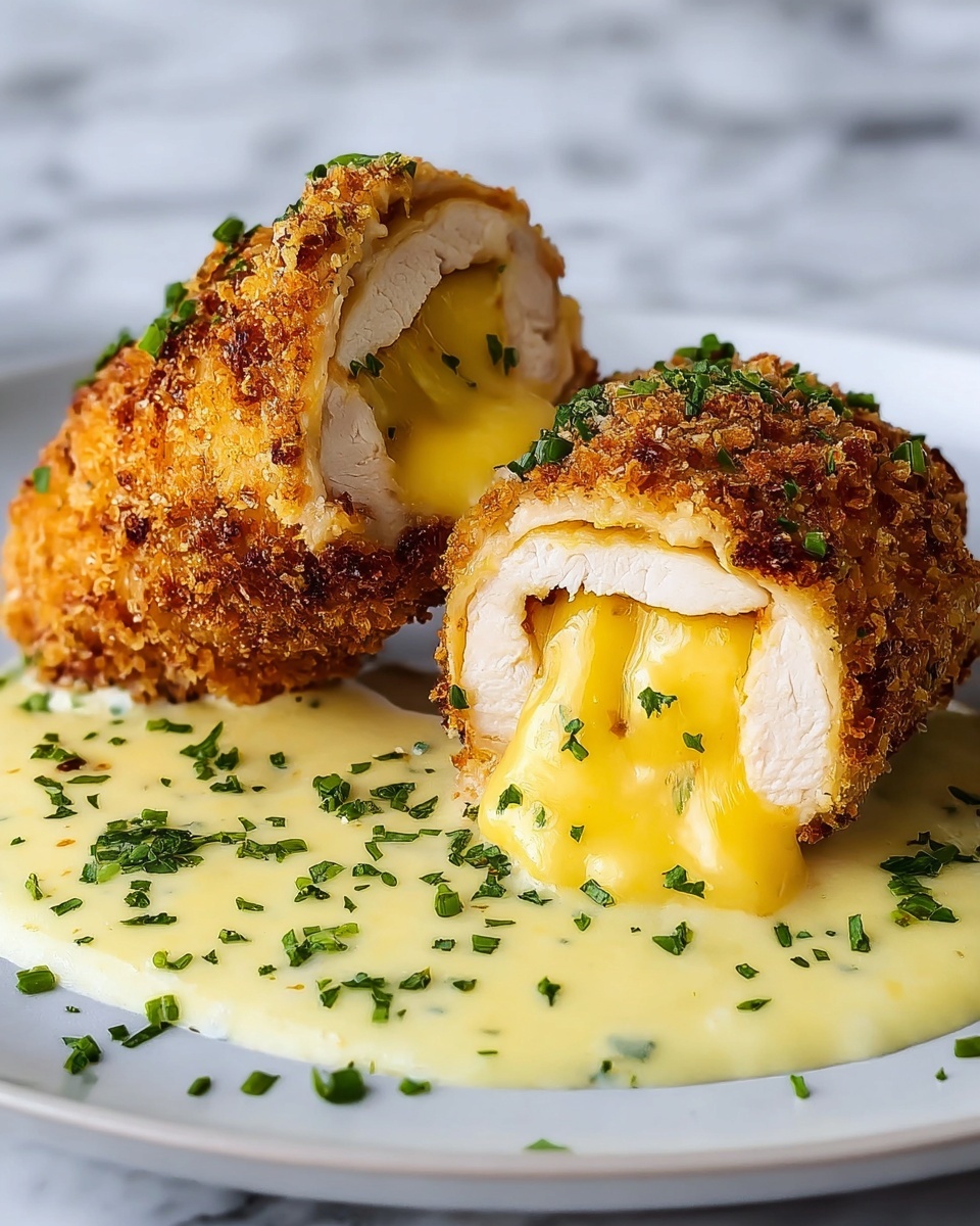 The image shows two golden-brown breaded chicken rolls cut in half, revealing a melted yellow cheese filling inside. The chicken is crispy on the outside, and a creamy light yellow sauce with small green herb pieces is spread under and around the chicken on a white plate. Small green herb flakes are sprinkled on top and around the dish, adding a fresh touch. The background features a white marbled texture, creating a clean and bright look. Photo taken with an iphone --ar 4:5 --v 7