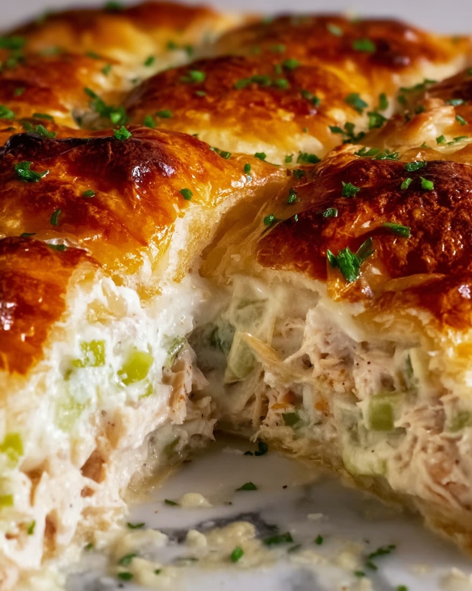 A close-up view shows a baked dish with a golden-brown, bubbly, and crispy top layer of melted cheese, browned in spots and sprinkled lightly with chopped green herbs. Below this top layer is a creamy white sauce mixed evenly with finely chopped green celery pieces and shredded cooked chicken, giving a textured, moist, and thick filling. The layers are encased in a flaky, light golden pastry crust that is puffed and crisp, adding a crunchy contrast to the soft inside. The sliced section reveals the filling densely packed inside the crust, highlighting the mix of creamy white, green bits, and tender chicken, all on a white marbled surface. Photo taken with an iphone --ar 4:5 --v 7