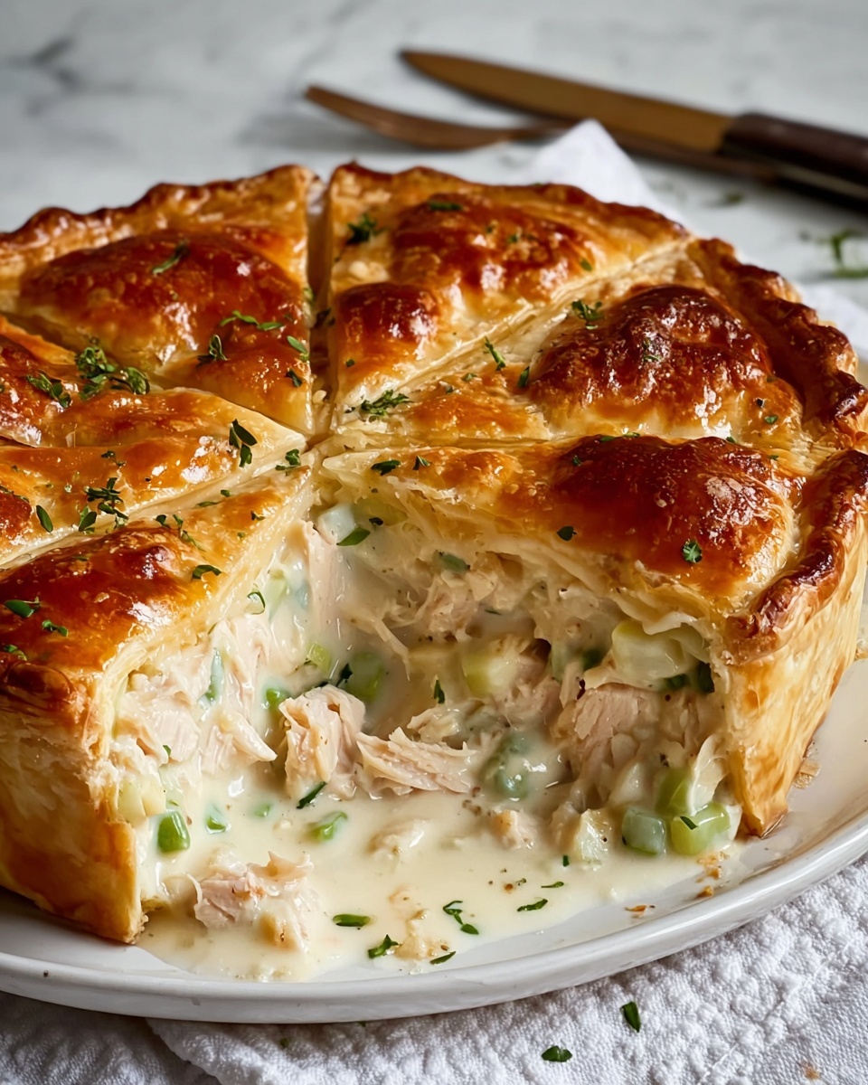 A thick pie with a golden-brown, glossy crust on top that is cut into six triangular pieces, showing a creamy white sauce inside mixed with light green pieces and chunky pale pink chicken meat. The crust is flaky and slightly puffed, covering the pie fully, and the inside layers have visible moist chunks and sauce spilling slightly onto a white plate. Small green herbs are sprinkled on the top crust and inside the pie for color contrast. A knife with a wooden handle rests on a white textured cloth in the background, which is set on a white marbled surface. Photo taken with an iphone --ar 4:5 --v 7
