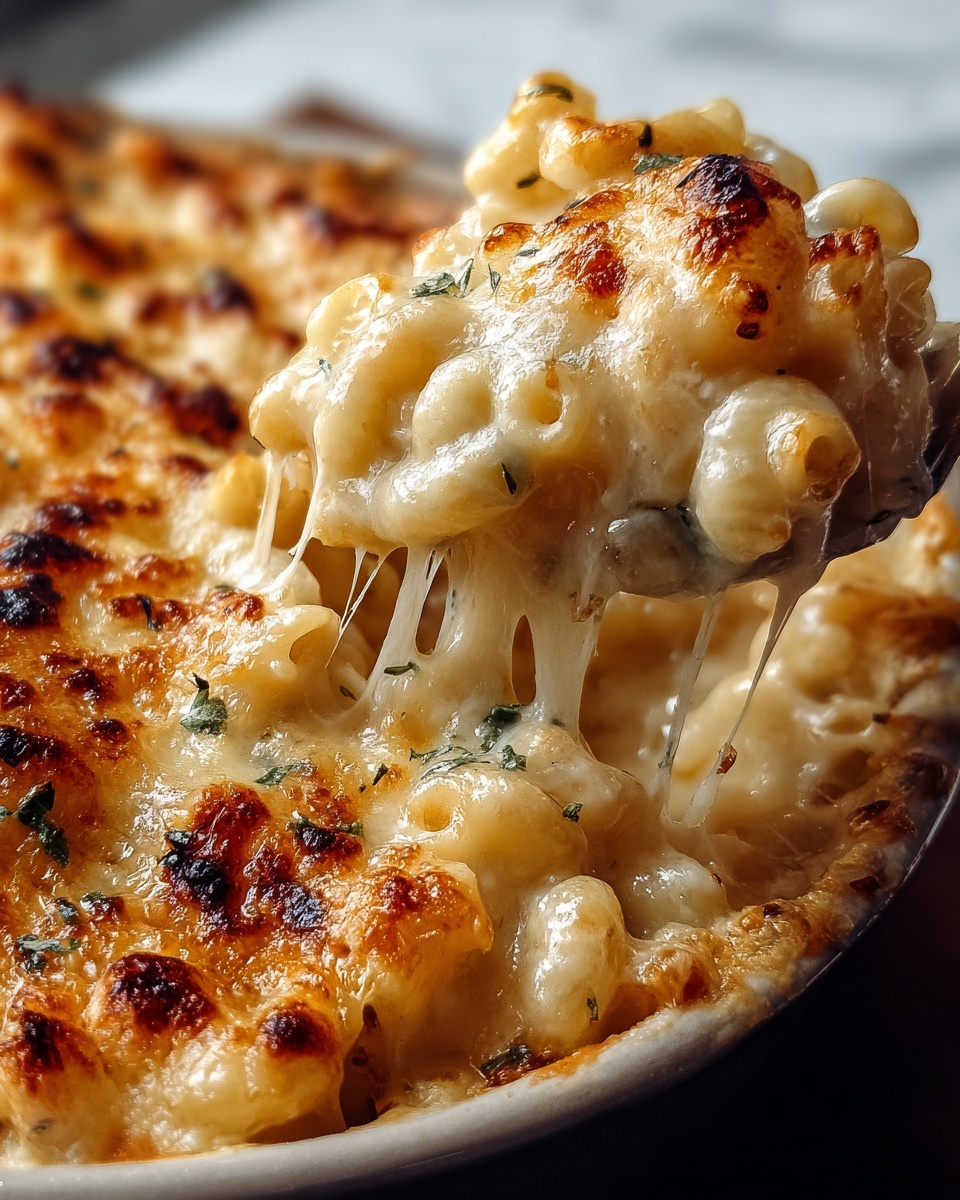 A close-up view of creamy macaroni and cheese in a white dish, showing a top layer of golden brown melted cheese with small dark browned spots and green herb flecks. The dish is full of elbow-shaped pasta covered in thick, gooey, stretchy white cheese sauce that pulls away in strings as a spoon lifts a bite. The rich texture of the melted cheese contrasts with the smooth pasta beneath, all placed on a white marbled surface in soft light. photo taken with an iphone --ar 4:5 --v 7
