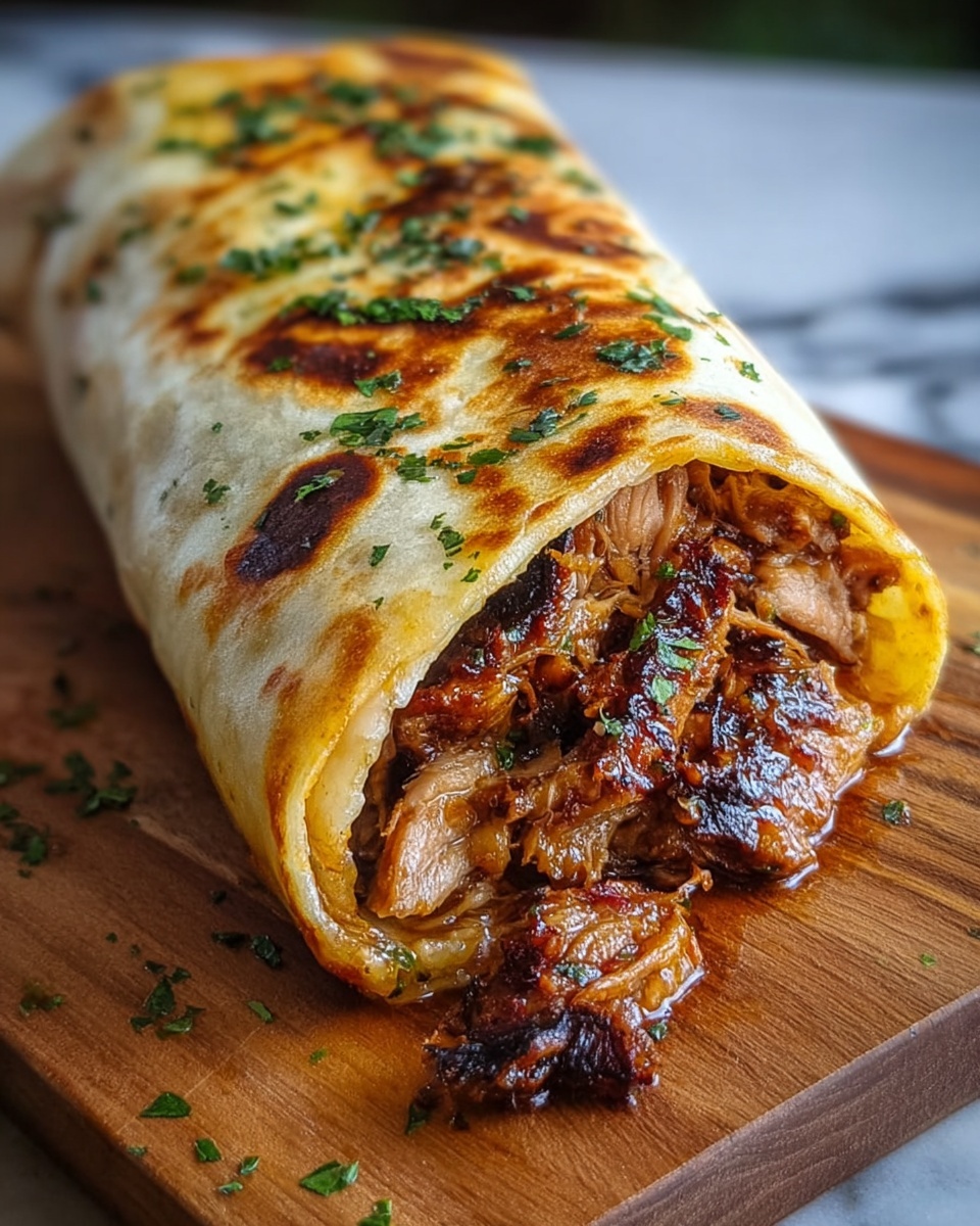 A close-up of a grilled wrap resting on a wooden board on a white marbled surface, showing one end open with juicy, brown and slightly charred pieces of meat inside, layered tightly and mixed with some herbs and spices. The wrap itself is golden brown with some dark grilled spots and sprinkled with green chopped herbs, its texture soft but slightly crispy on the outside. Photo taken with an iphone --ar 4:5 --v 7