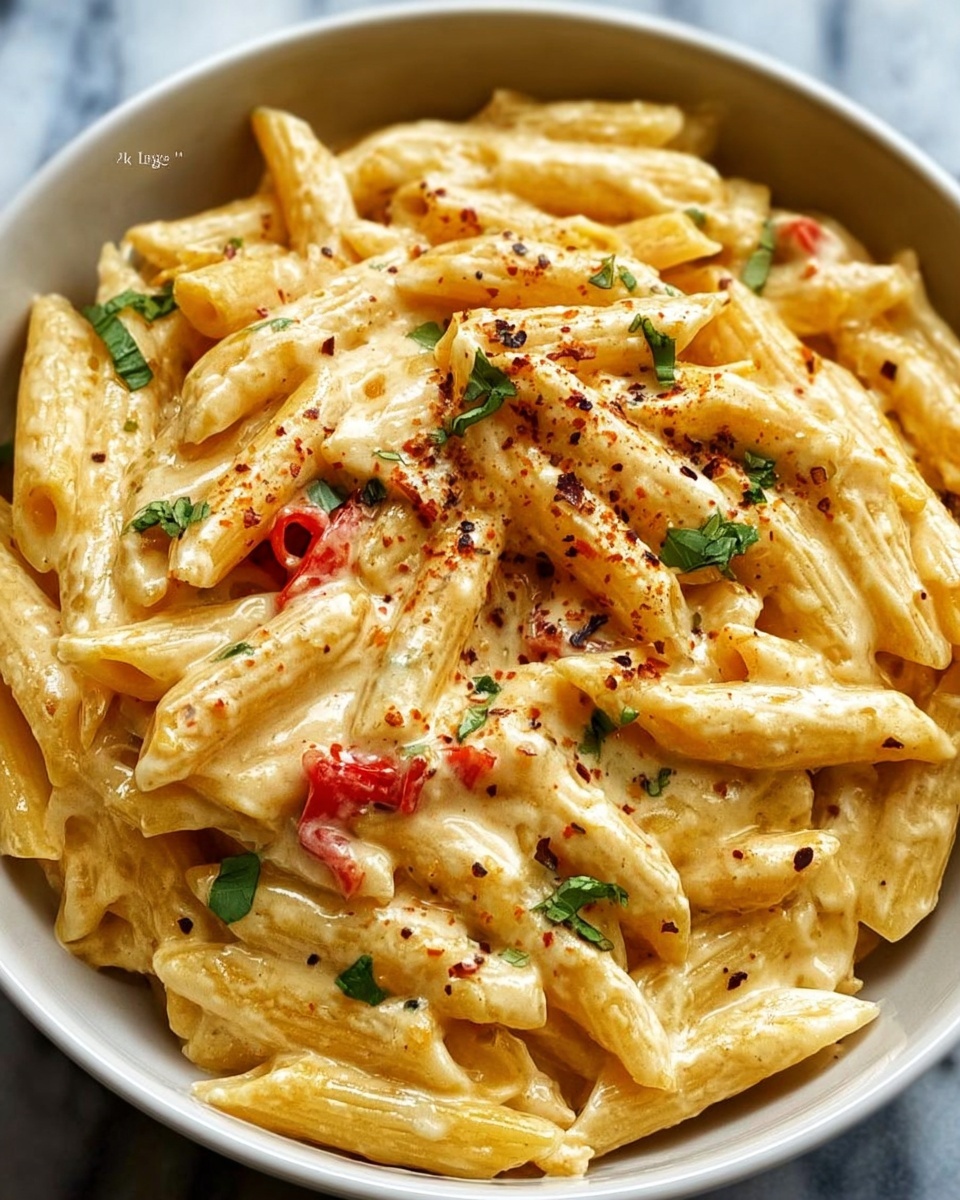 A close-up of a bowl filled with creamy penne pasta, showing about two layers of pasta coated in a thick, light yellow sauce. The penne pasta is mixed with small pieces of red pepper and garnished with scattered green herb leaves. The sauce has specks of black pepper and red seasoning sprinkled on top, creating a slightly textured look. The bowl holding the pasta is white and is placed against a white marbled surface. Photo taken with an iphone --ar 4:5 --v 7
