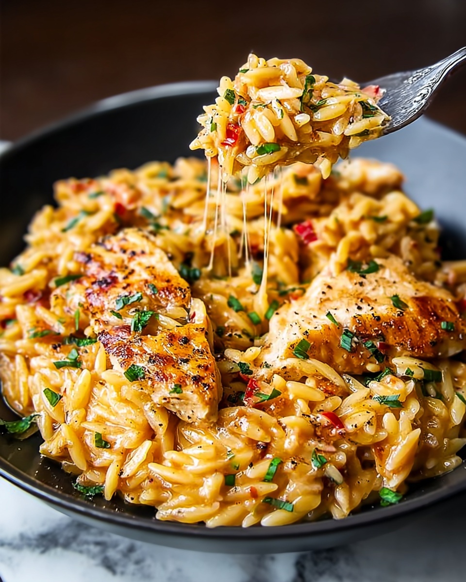 A close-up of a large black bowl filled with creamy orzo pasta layered with browned pieces of chicken on top, mixed with small bits of red pepper and green herbs scattered throughout. The orzo has a golden orange color with a slight glossy texture, showing a rich sauce coating each grain. A fork lifts a bite of pasta and chicken, with melted cheese strings stretching slightly between the fork and the bowl. The dish is sprinkled lightly with black pepper and finely chopped green herbs, all sitting on a white marbled surface. photo taken with an iphone --ar 4:5 --v 7