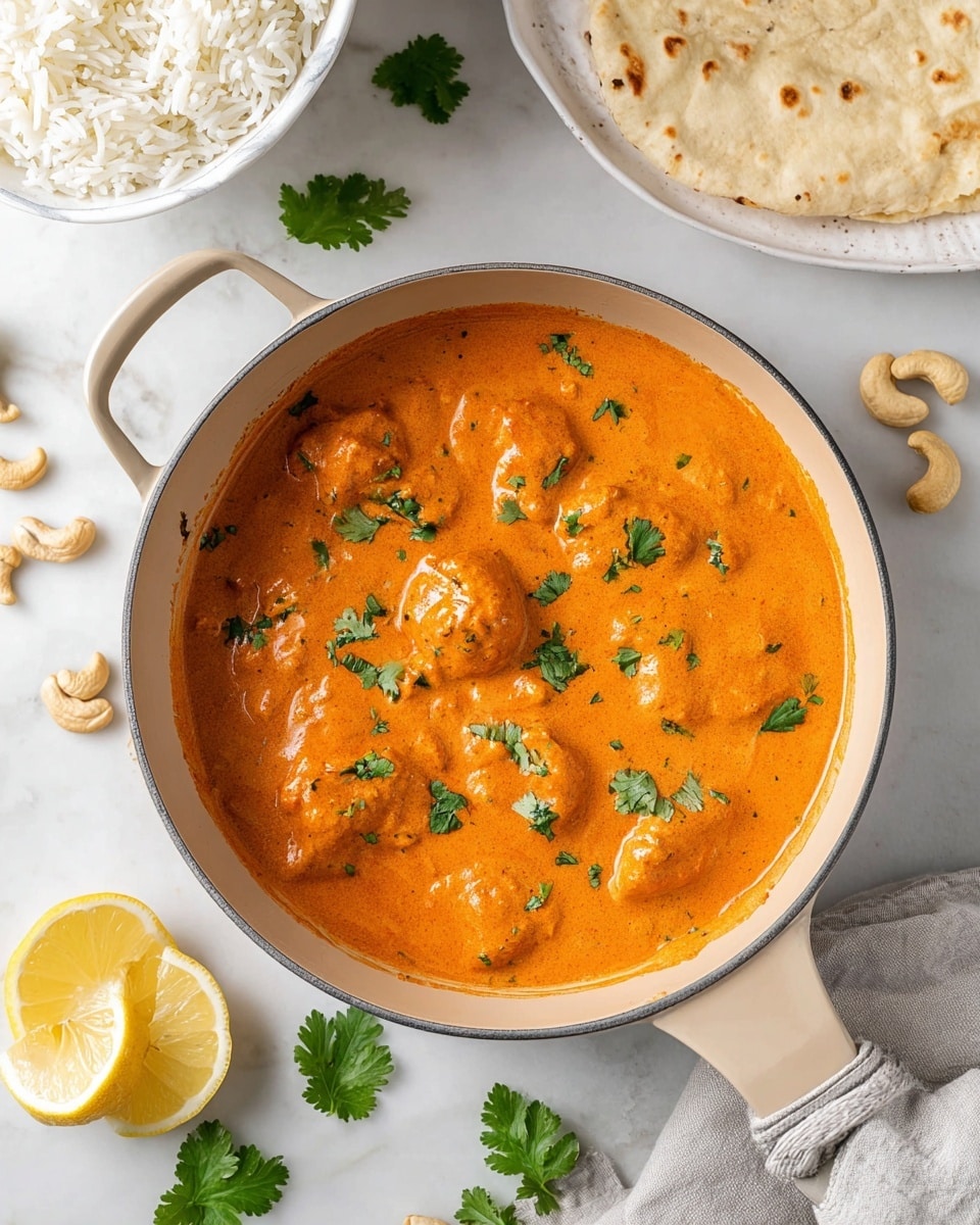 A close-up view of a creamy orange curry with visible chunks of meat or vegetables, garnished with small green cilantro leaves scattered on top, all served in a beige pan with a handle at the bottom right. Surrounding the pan, there is a white bowl of plain white rice at the top left, a piece of flatbread with a light golden brown texture at the top right, a white dish holding two lemon halves at the bottom left, and some whole cashew nuts and green cilantro sprigs placed casually around the setup, all placed on a white marbled textured surface. Photo taken with an iphone --ar 4:5 --v 7