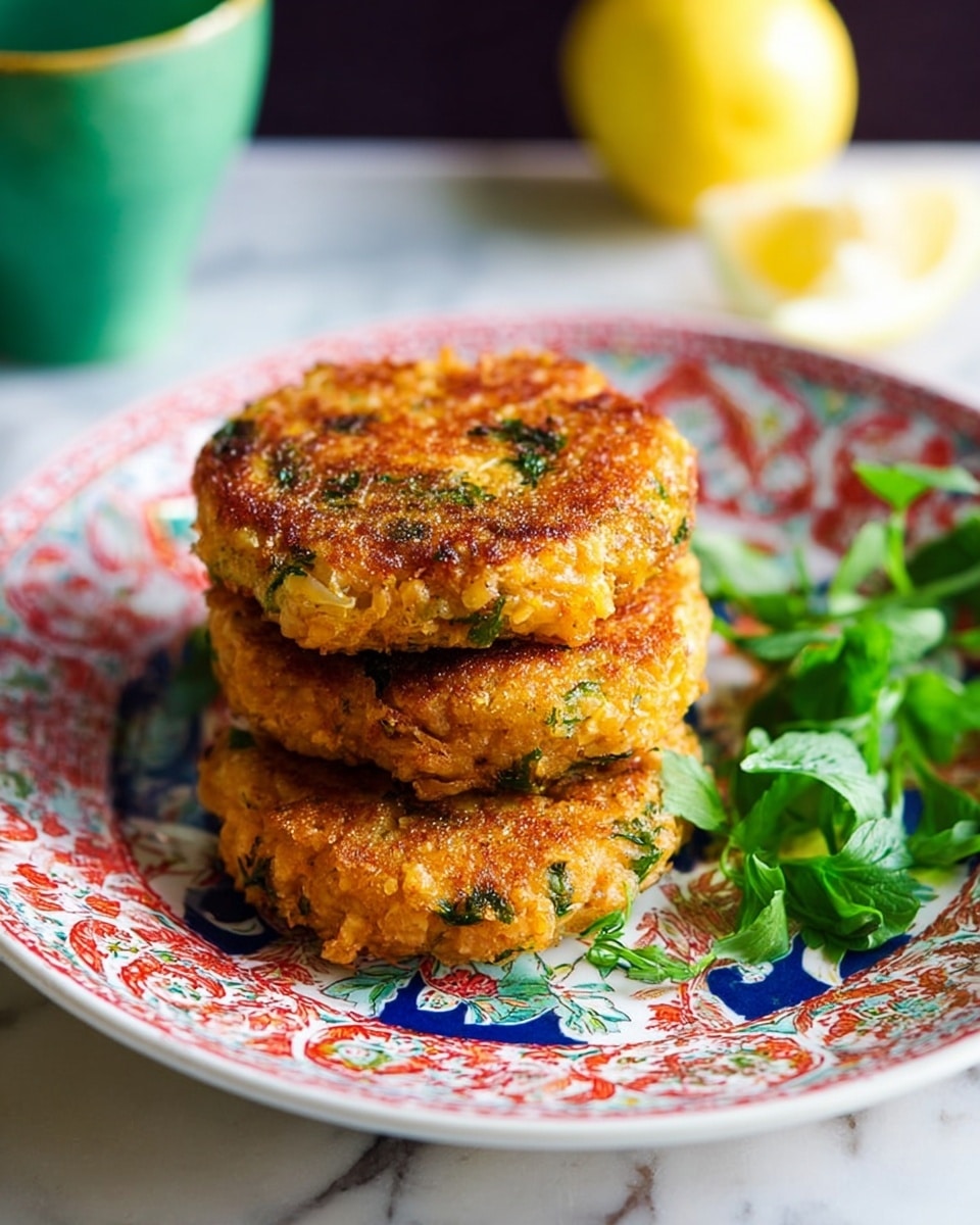 Two thick, golden-brown patties with a slightly crispy crust are stacked on a white plate with colorful blue, red, and green patterns. The patties have green herb pieces visible inside, giving specks of fresh green on the warm orange-yellow surface. Fresh cilantro leaves are arranged around the patties, adding a bright green touch. The plate rests on a white marbled surface, and a blurred lemon and more cilantro are in the background. photo taken with an iphone --ar 4:5 --v 7