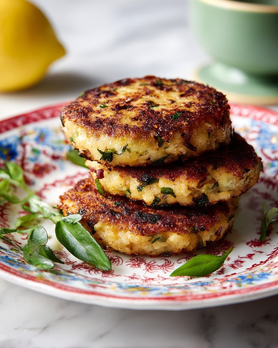 Three golden brown patties with a crispy texture and green herb pieces are stacked on a white patterned plate with red, blue, and green designs. The patties are round and thick, showing a slightly uneven surface with herbs and small vegetable bits visible throughout. Some fresh green herb sprigs lie beside the patties on the plate. In the background, a green cup and half a yellow lemon are slightly blurred. The whole setup is placed on a white marbled surface. photo taken with an iphone --ar 4:5 --v 7