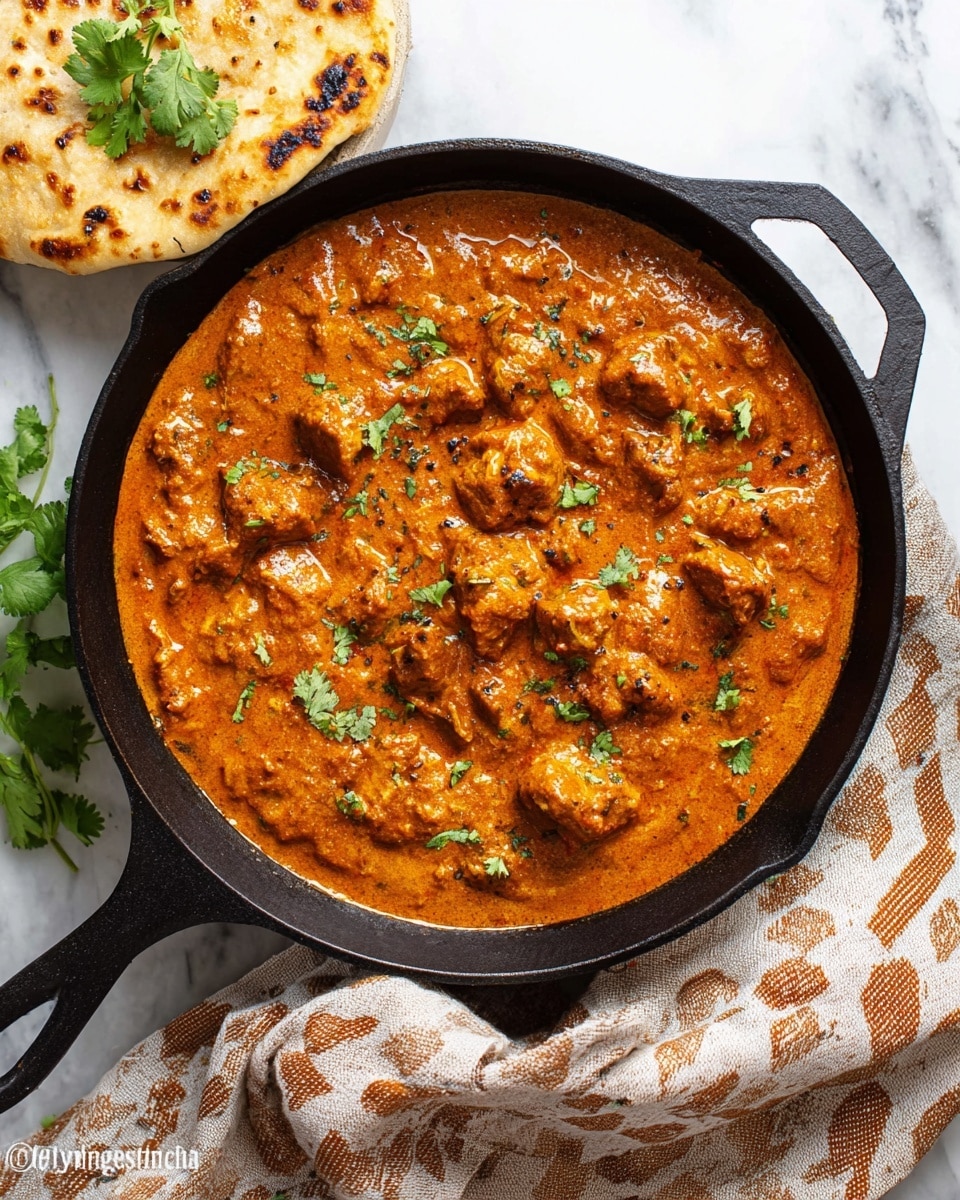 A black cast iron skillet filled with rich orange-brown curry containing many chunks of tender meat, topped with a few small green cilantro leaves scattered on the surface. The curry has a creamy texture with visible pieces of onion mixed in. To the upper left, there is a piece of brown-speckled flatbread garnished with a green cilantro sprig. A beige cloth with a brown geometric pattern is draped near the skillet handle, all placed on a white marbled surface. photo taken with an iphone --ar 4:5 --v 7