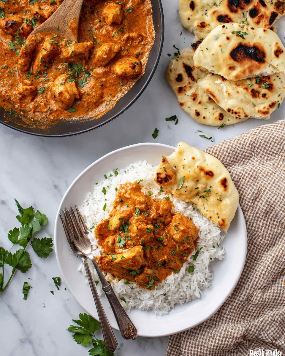 A white plate holds a layer of white rice topped with a thick orange-brown curry with chunks of chicken, sprinkled with small green herb leaves. On the right side of the plate, there is a torn piece of pale naan bread with brown toasted spots. Two silver forks rest beside the naan. To the top left, a dark pan is filled with the same orange chicken curry, garnished with fresh green cilantro leaves. Pieces of torn naan bread are placed on the white marbled surface around the plate, along with sprigs of cilantro and a beige checkered cloth. photo taken with an iphone --ar 4:5 --v 7