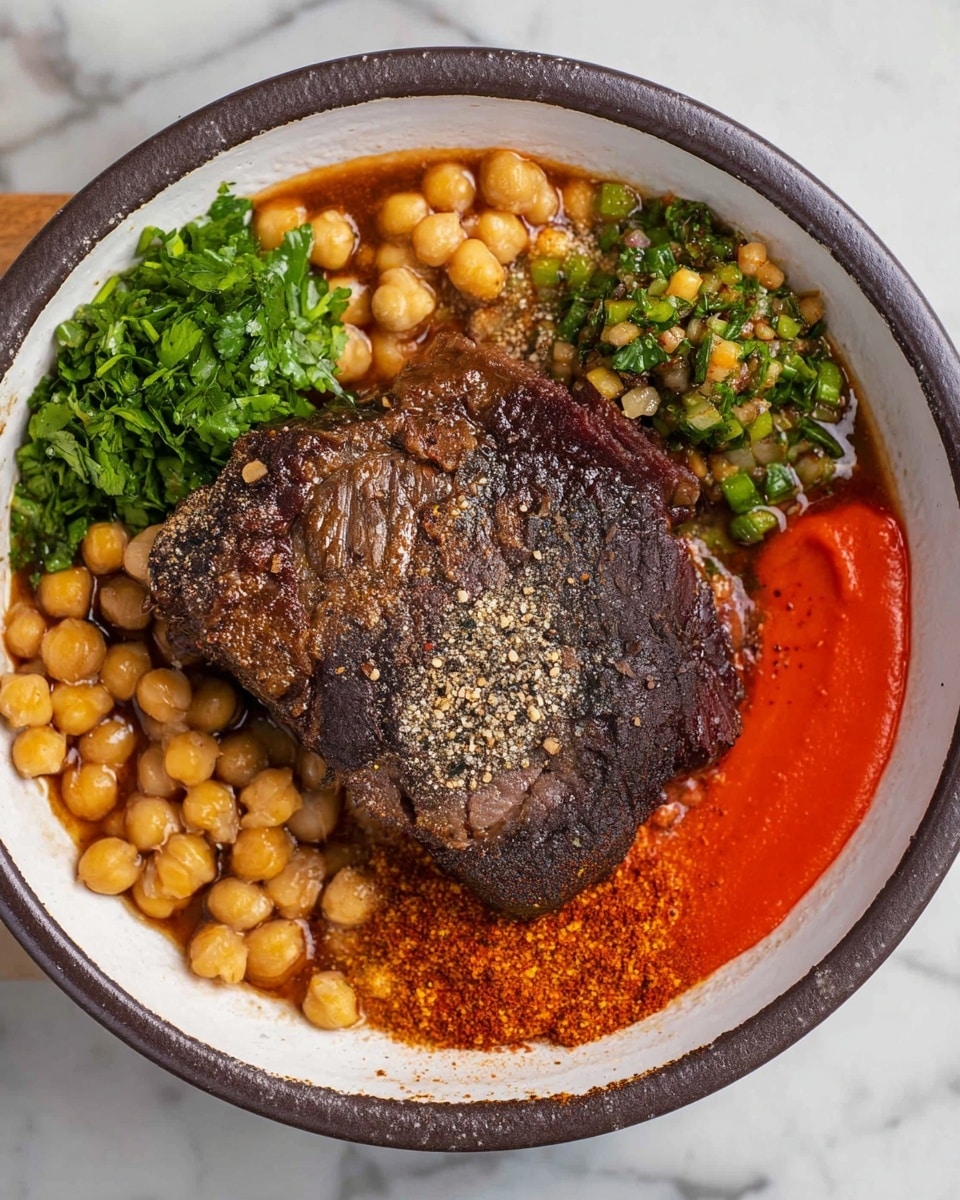 The dish is served in a white bowl with a dark rim, placed on a white marbled surface. At the center is a thick, cooked piece of dark brown meat with coarse salt and ground pepper sprinkled on top, showing a rough, textured surface. Surrounding the meat, on the upper left, there are pale yellow chickpeas in a reddish-brown broth. To the far left, fresh green chopped herbs add a contrasting bright color. In the upper right section, there is a mix of finely chopped green vegetables or peppers, adding a textured, chunky layer. Below that, more chickpeas are visible, some topped with a layer of fine, deep orange-red powder, likely spice. Finally, in the lower right portion, a smooth, bright red puree or sauce fills the area, creating a vivid color contrast with the other elements. photo taken with an iphone --ar 4:5 --v 7
