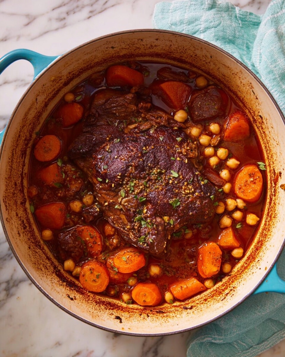A white pot with blue handles holds a rich stew. At the center, there is one large, browned piece of meat with a slightly crispy and seasoned surface. Surrounding it, thick chunks of orange carrots and round, pale chickpeas float in a thick, deep reddish-brown sauce. The stew has small green herb bits sprinkled on top. The pot sits on a white marbled surface with a light blue cloth partially visible on the right side. photo taken with an iphone --ar 4:5 --v 7