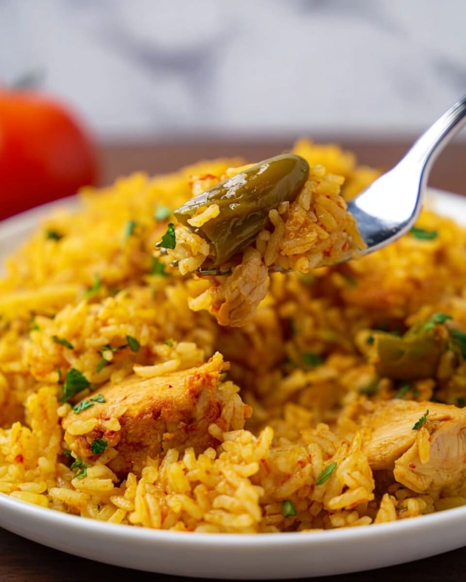 A close-up image of a white plate filled with bright yellow cooked rice mixed with pieces of cooked chicken and small bits of green herbs scattered throughout. On the fork held above the plate, there is a large cooked green pepper and some rice grains clinging to it, along with a small piece of chicken. The rice looks fluffy and slightly oily, with some reddish seasoning visible. The background shows a blurred white marbled texture and hints of a red tomato. Photo taken with an iphone --ar 4:5 --v 7