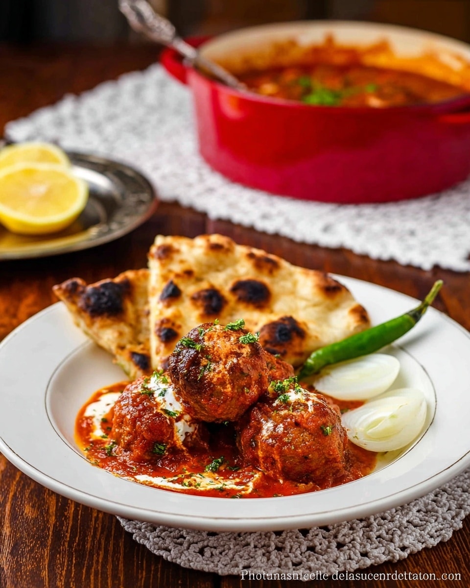 The white plate holds three pieces of round, browned meatballs covered in thick red sauce with a bit of white cream drizzled on top and green garnish. Behind the meatballs are two pieces of flat, toasted bread with golden and charred spots that look soft and slightly fluffy. To the right side of the plate are two white onion slices, one slice of lemon, and a long green chili placed diagonally. The plate sits on a wooden table with a red pot filled with a red stew placed on a white crocheted cloth in the background. A metal dish with lemon slices is blurred in the background near the pot. photo taken with an iphone --ar 4:5 --v 7