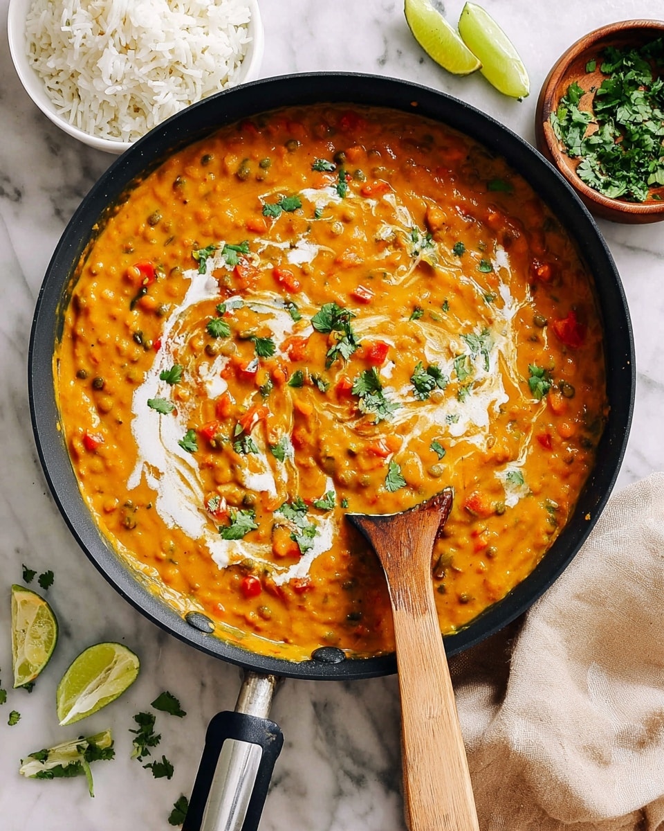 A close-up of a black pan filled with thick, orange-yellow lentil curry that has a smooth yet chunky texture with small pieces of red vegetables and green herbs mixed in. The curry is swirled with white cream on top and scattered with fresh chopped green cilantro. A wooden spoon rests inside the pan, partially covered in the curry, and the pan handle extends out toward the bottom right. Surrounding the pan on a white marbled surface are a small white bowl of white rice, a small wooden bowl with chopped green herbs, lime wedges, and a soft beige cloth in the top right corner. Photo taken with an iphone --ar 4:5 --v 7