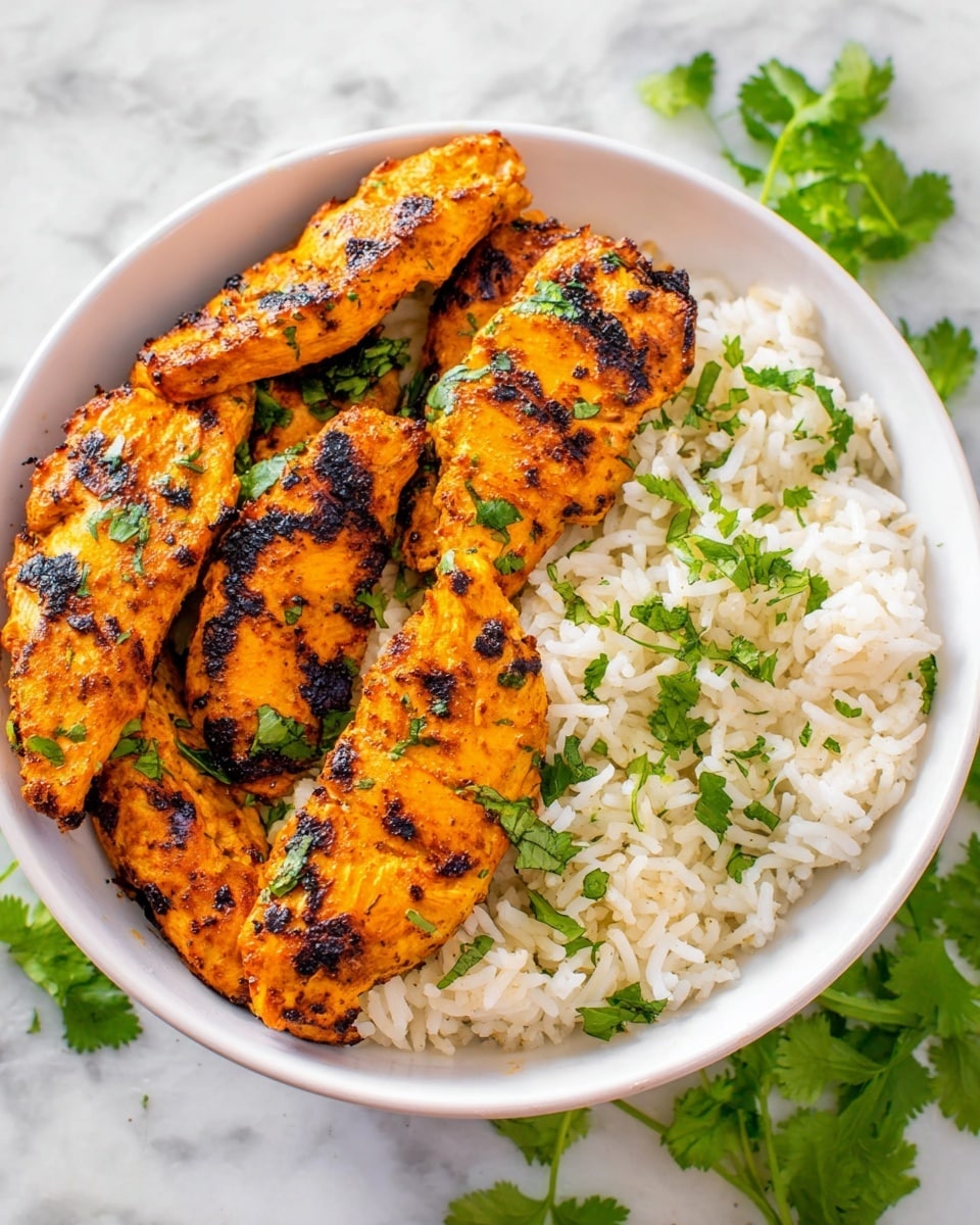 The image shows a white bowl placed on a white marbled surface, filled with cooked white rice on one side and five pieces of grilled chicken on the other side. The chicken has a bright orange color with visible grill marks and slightly charred edges, giving it a textured and juicy look. Small green cilantro leaves are scattered on top of the chicken and rice, adding a fresh touch of color. Some cilantro sprigs are also placed around the bowl for decoration. Photo taken with an iphone --ar 4:5 --v 7