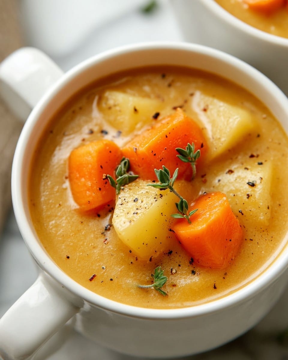 A close-up of a white cup filled with thick creamy soup that is a warm orange color. On top, there are several chunks of light orange carrots and pale yellow potatoes, sprinkled with small black pepper flakes. Small green herb sprigs are placed as garnish, adding a fresh touch. The cup is sitting on a white marbled surface, with part of another similar cup visible in the background. photo taken with an iphone --ar 4:5 --v 7