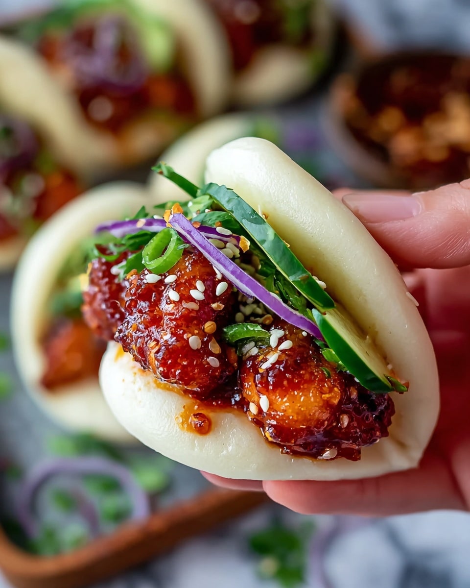 A close-up of a soft, white steamed bun held by a woman's hand, filled with several layers: the bottom layer has glossy, sticky reddish-brown glazed pieces of crispy fried chicken sprinkled with white sesame seeds and chopped green herbs; above the chicken are thin slices of fresh purple onion and small green cucumber pieces, all resting on the soft bun that is slightly folded at the sides. The background shows blurred similar buns on a white marbled texture surface. Photo taken with an iphone --ar 4:5 --v 7