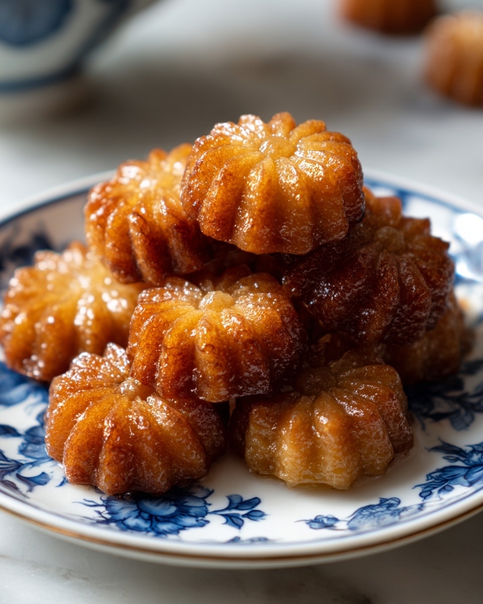 A pile of shiny, golden-brown flower-shaped sweets is neatly stacked on a white plate with blue floral patterns. Each sweet has a textured surface with distinct petal-like edges radiating from the center. The sweets appear sticky and glossy, catching the light to highlight their details, while the plate sits on a white marbled texture. The background is softly blurred, adding focus to the sweets in the foreground. photo taken with an iphone --ar 4:5 --v 7