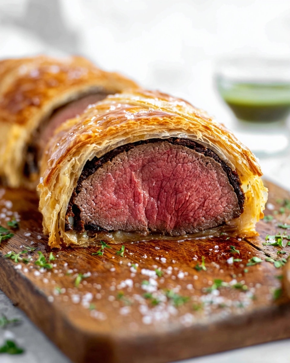 A thick slice of Beef Wellington is shown cut open on a wooden board over a white marbled texture surface. The center layer is a juicy, pink beef fillet, surrounded by a dark mushroom duxelles layer, which is then wrapped in a golden, flaky puff pastry crust. The pastry has a shiny, crisp finish with some coarse salt sprinkled on top. Tiny green herb pieces are scattered around the board, and a small clear glass bowl with green sauce sits blurred in the background. Photo taken with an iphone --ar 4:5 --v 7