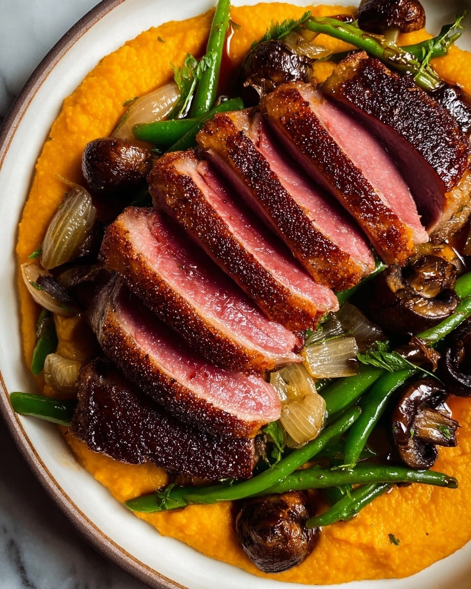 A close-up view of a dish on a white plate showing five thick slices of medium-rare duck breast with a seared dark golden-brown crust on top, resting on a bright orange creamy mashed base. Around and beneath the duck slices, there are sautéed dark brown mushroom slices and glossy green beans arranged loosely. There are also small caramelized round onions placed on the orange base, adding a shiny light golden color. The background is a white marbled surface. photo taken with an iphone --ar 4:5 --v 7