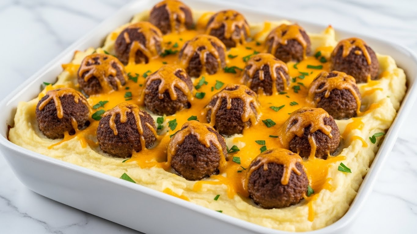 The dish is a casserole in a white rectangular baking dish, filled with three visible layers. The bottom layer is smooth, creamy mashed potatoes with a pale yellow-white color, spread evenly across the bottom and edges. On top of this is a layer of brown meatballs, browned and slightly crispy on the outside, placed evenly in rows so each meatball is partially visible. The top layer consists of melted orange cheddar cheese covering the meatballs and some mashed potato, with a few green parsley bits sprinkled on top for color. The casserole sits on a white marbled surface. Photo taken with an iphone --ar 4:5 --v 7