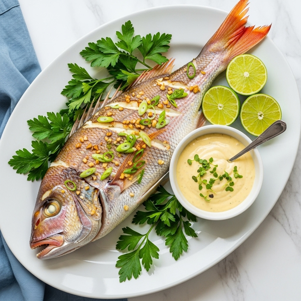 A whole grilled fish with reddish-pink and gray scales lies on a large white oval plate, sprinkled with chopped green onions and small bits of garlic on top. The fish rests on a bed of fresh green parsley leaves arranged around it. To the right of the fish, three bright green lime halves are set next to a small white bowl filled with creamy yellow sauce, garnished with tiny green herbs, with a silver spoon in it. The plate is placed on a white marbled texture surface with a blue cloth partially visible at the left edge. Photo taken with an iphone --ar 4:5 --v 7