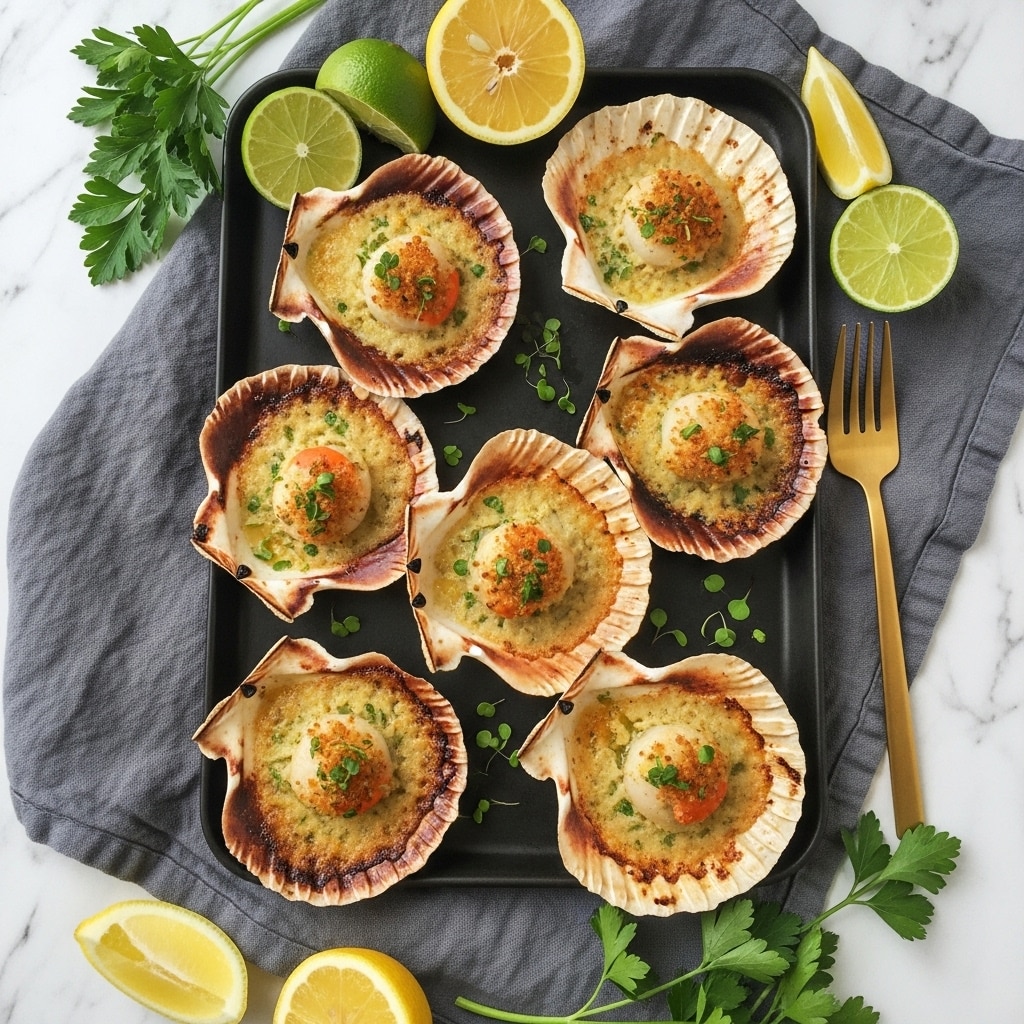 The image shows six grilled scallops in their shell placed on a dark rectangular tray over a grey cloth on a white marbled surface. Each scallop is light beige with a golden-brown crust on top, garnished with small green herbs. The shells have a slightly charred, brown-speckled texture. Around the tray, there are lemon and lime wedges adding bright yellow and green colors, along with fresh green parsley sprigs. A gold fork is placed on the grey cloth near the tray. The overall look is fresh and rustic. photo taken with an iphone --ar 4:5 --v 7