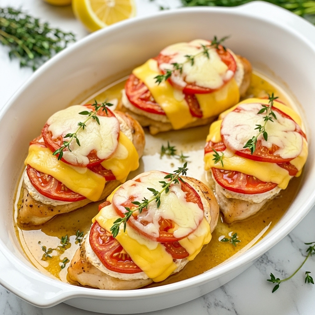 The image shows a white oval baking dish with four baked chicken breasts. Each chicken breast has three layers: a golden brown cooked chicken base, a middle layer of melted yellow cheese covering most of the top, and a layer of cooked reddish tomato slices on top. Each chicken piece is garnished with fresh green thyme sprigs, and the dish is surrounded by some cooking juices that give a shiny texture. The background is a white marbled texture with some blurred green herbs and lemons visible. photo taken with an iphone --ar 4:5 --v 7