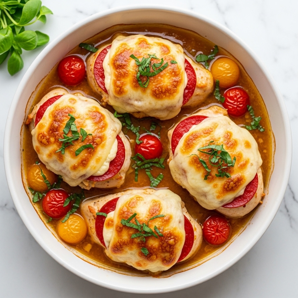 A white round baking dish holds four stuffed chicken breasts, each topped with a golden melted cheese layer that has browned spots. Inside the chicken breasts, there is a bright red layer of tomato or pepperoni visible, adding a rich red contrast to the pale cooked chicken. Fresh green herbs are sprinkled over the top and around the dish, giving a fresh green touch. Small red and yellow cherry tomatoes sit in the sauce at the bottom, which is a light brownish color with a slightly oily texture. The whole dish sits on a white marbled surface, creating a clean and bright background. Photo taken with an iphone --ar 4:5 --v 7