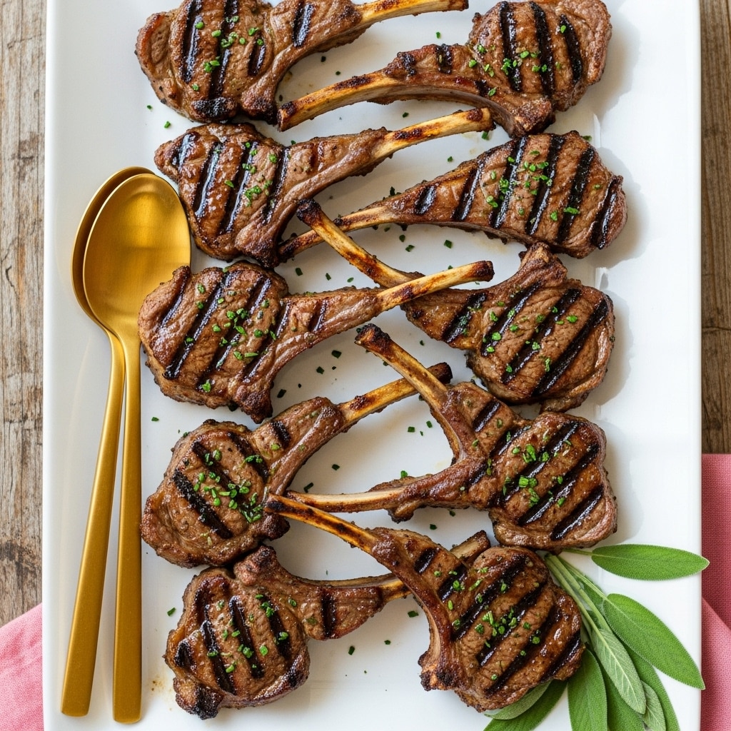 The image shows a white rectangular plate filled with nine grilled lamb chops, each chop having a dark brown, glossy, slightly charred surface with some green herb sprinkles over them. The lamb chops are neatly arranged with the bones extending outward in different directions, creating a layered look of meat and bone. To the left side of the plate are two golden serving spoons placed partially under the lamb chops, adding a bright metallic contrast. On the bottom right corner of the plate, there are a few fresh green sage leaves for garnish. The white rectangular plate is set on a rustic wooden surface with a pink cloth partially visible in the bottom right corner. photo taken with an iphone --ar 4:5 --v 7