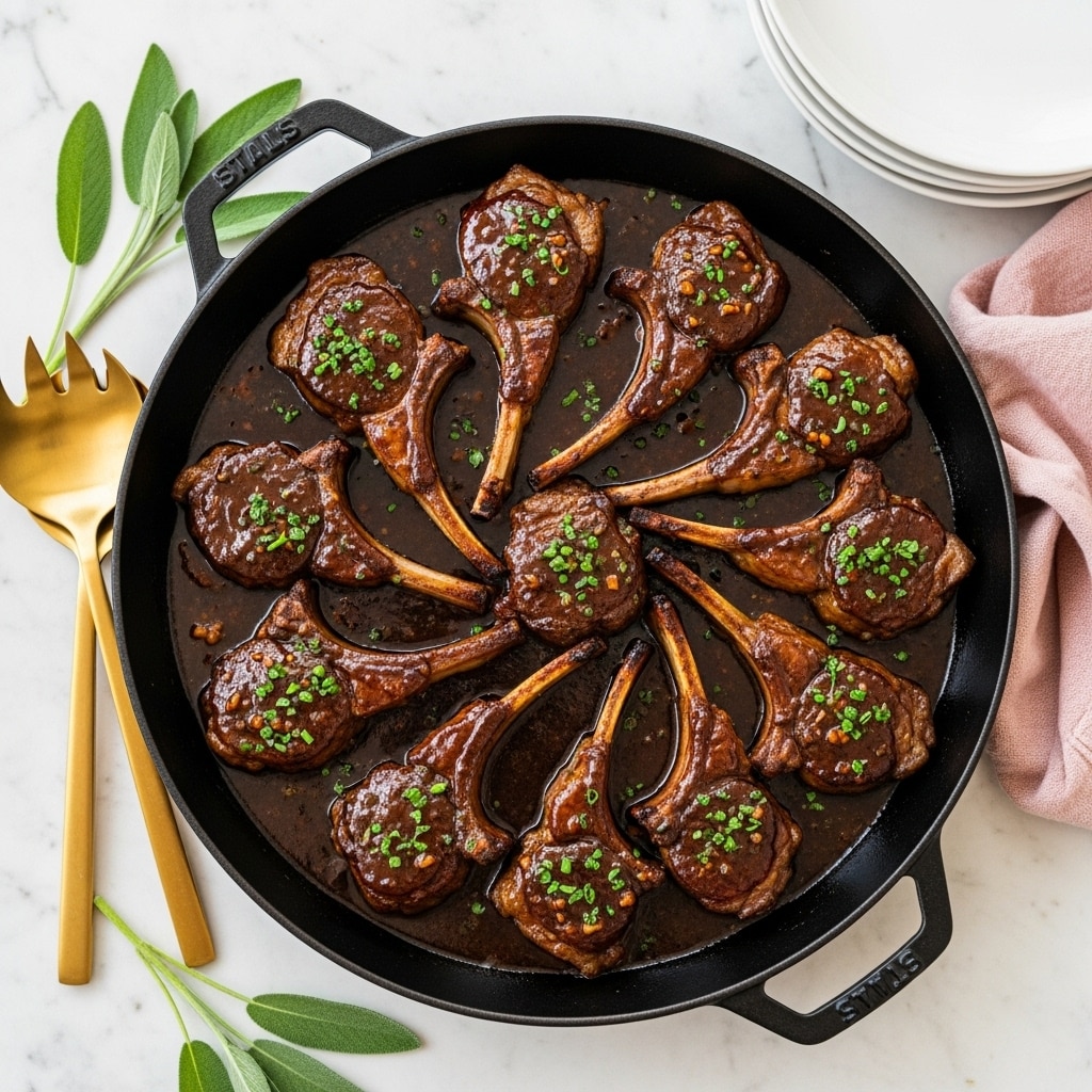A round black cast iron pan filled with ten pieces of dark brown glazed lamb chops, each chop showing a glossy, slightly caramelized texture with sprinkled green herbs on top. The meat pieces are arranged in a circular pattern, partially submerged in a rich, dark brown sauce that fills the base of the pan. To the left of the pan, two golden serving utensils rest, and fresh green sage leaves are scattered around the pan on a surface replaced with a white marbled texture. A white stack of plates sits in the upper right corner with a pink cloth casually placed nearby. Photo taken with an iphone --ar 4:5 --v 7