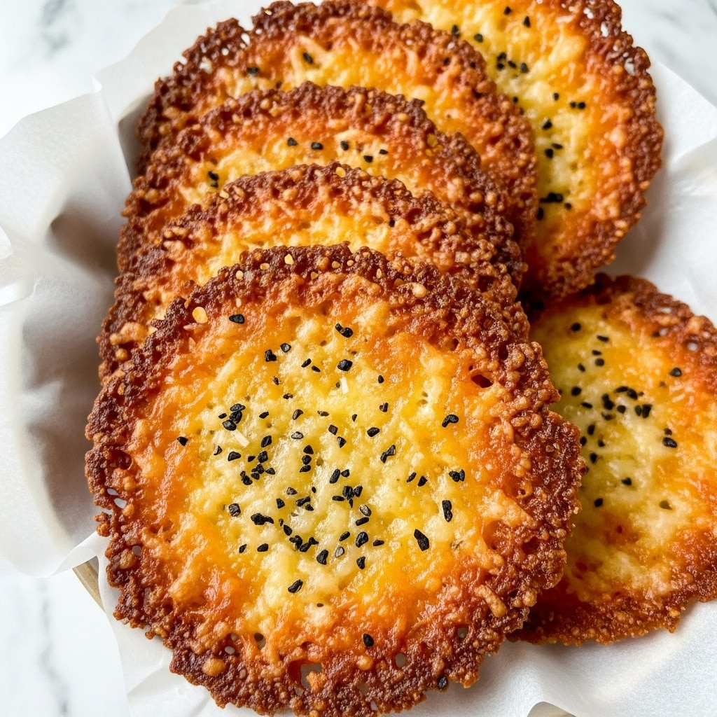A bowl lined with white crumpled paper holds a stack of round, thin, golden-brown potato pancakes. Each pancake has a crispy, dark golden edge that curls slightly upward, with a textured surface showing small bits of crispy potato and sprinkled black pepper and green herbs. The pancakes overlap each other in several layers, filling the bowl and creating a warm, inviting look. The bowl sits on a white marbled surface. photo taken with an iphone --ar 4:5 --v 7